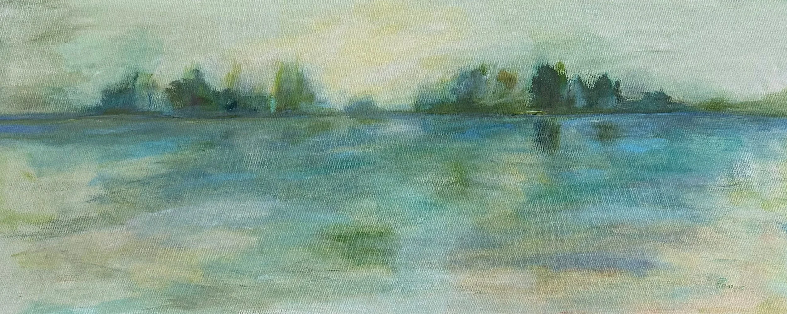 Moody blue and green scene that depicts an oil painting of a body of water - Camp Bryan - with trees in the background and warm yellow sky.