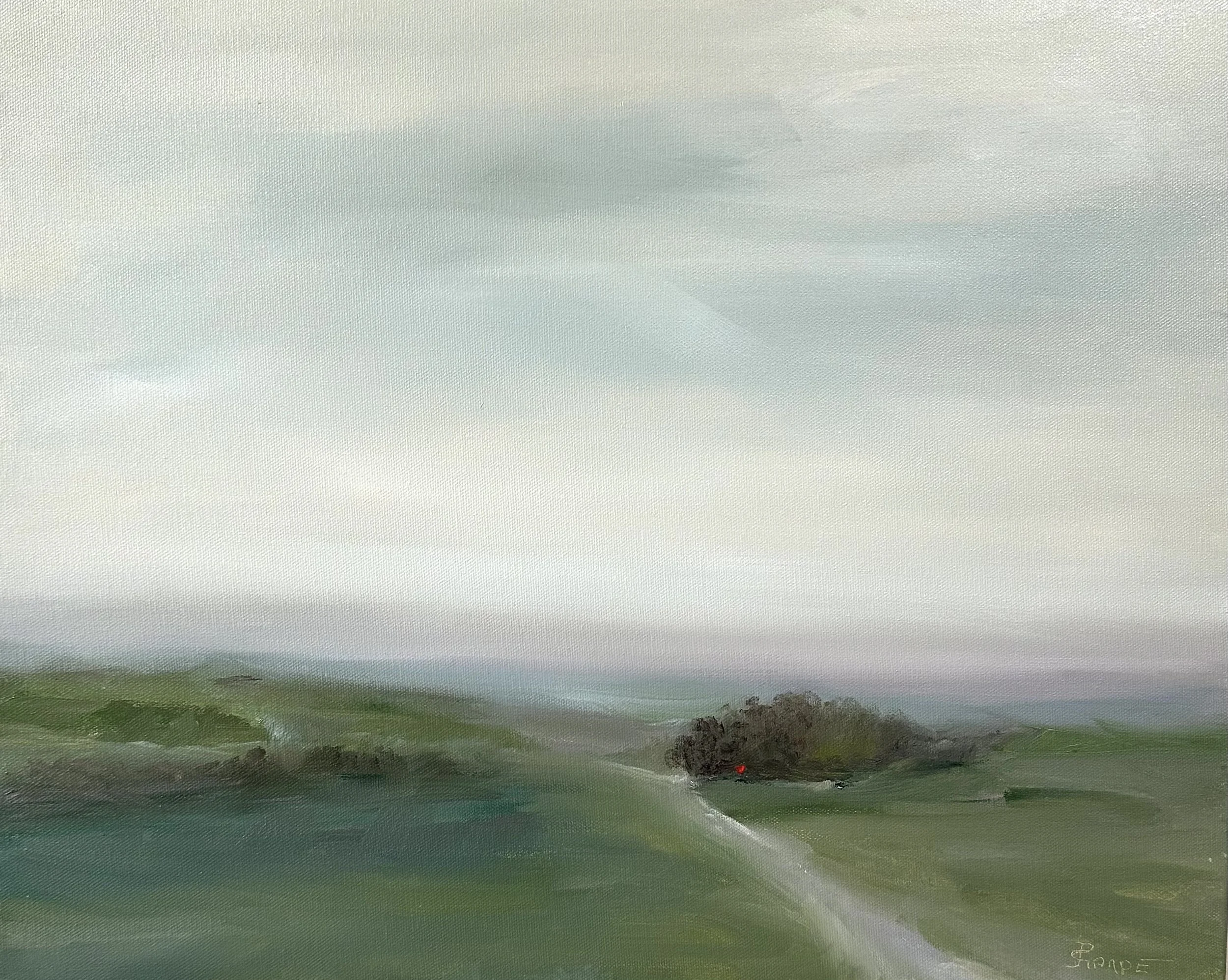 Oil painting by Phyllis Sharpe, fine art, landscape, misty morning, path, tranquil, Greensboro NC artist.