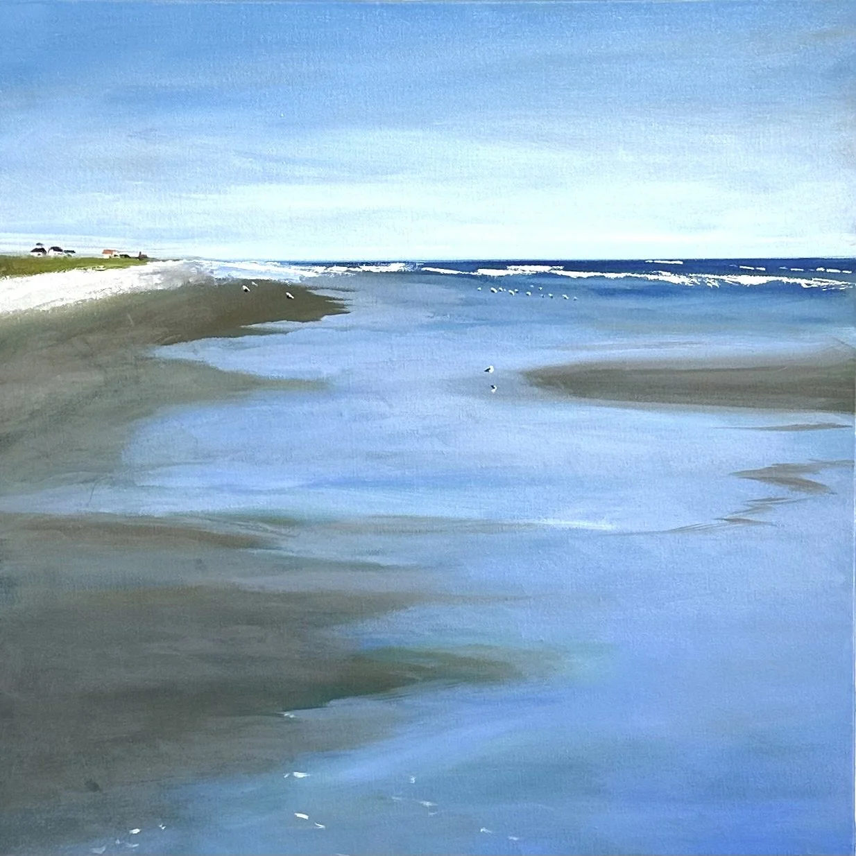 Oil painting by Phyllis Sharpe, fine art, coastal scene, quiet shore, birds, serene, Greensboro NC artist.