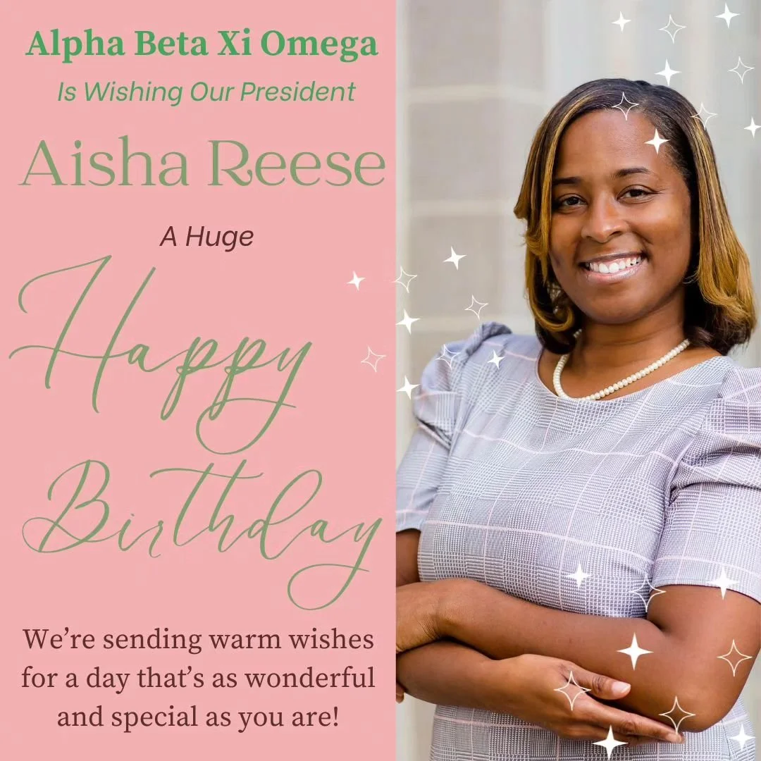 Please join us as we celebrate our President's Birthday today!  Aisha Reese, we pray that you have an amazingly, sophisticated pink and green day!  #aka1908💕💚 #AlphaBetaXiOmega