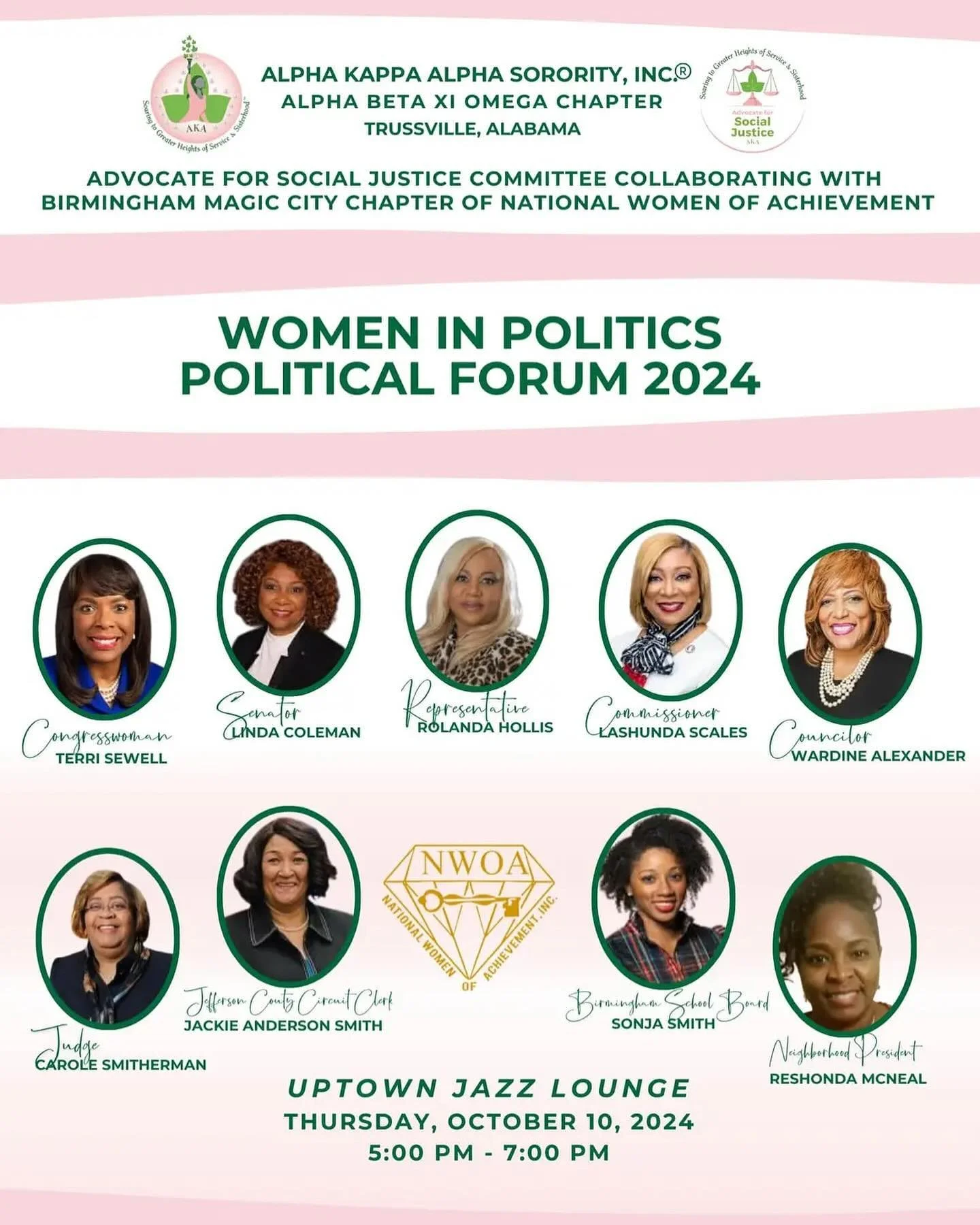 Please join us tomorrow, October 10th at the Uptown Jazz Lounge from 5-7 PM for powerful discussion on Women in Politics. Hear from these amazing community leaders and be empowered to make change in your community!

#alphabetaxiomega #advocateforsoci