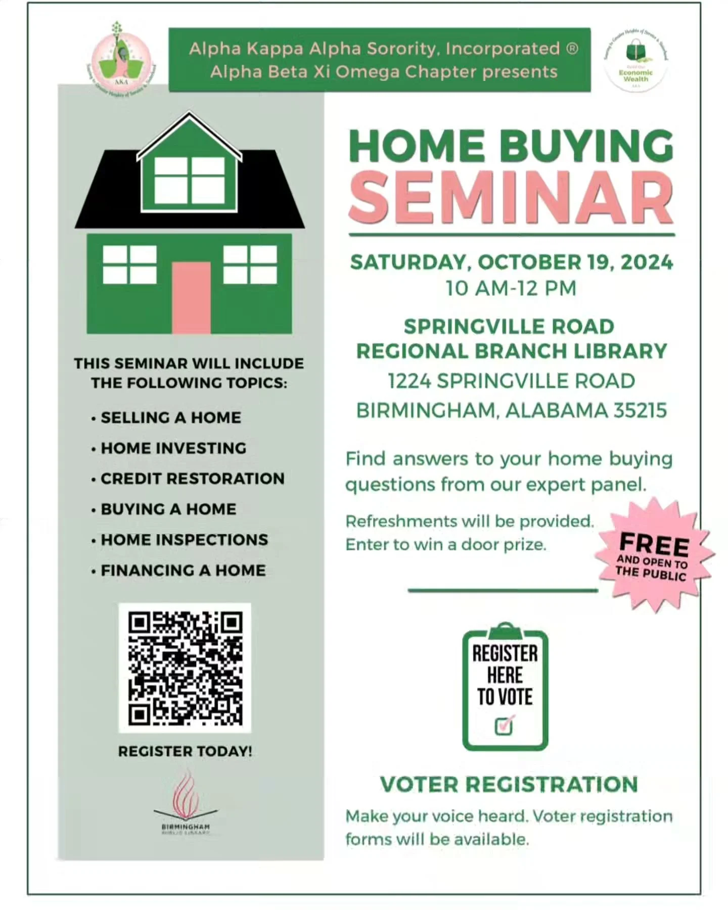 Remember to come out and join us on Saturday,  October 19, 2024 at 10 a.m. at the Springville Road Library to learn about the Real Estate process from a few experts in the industry. We have a range of topics to be discussed including &quot;Home Inves