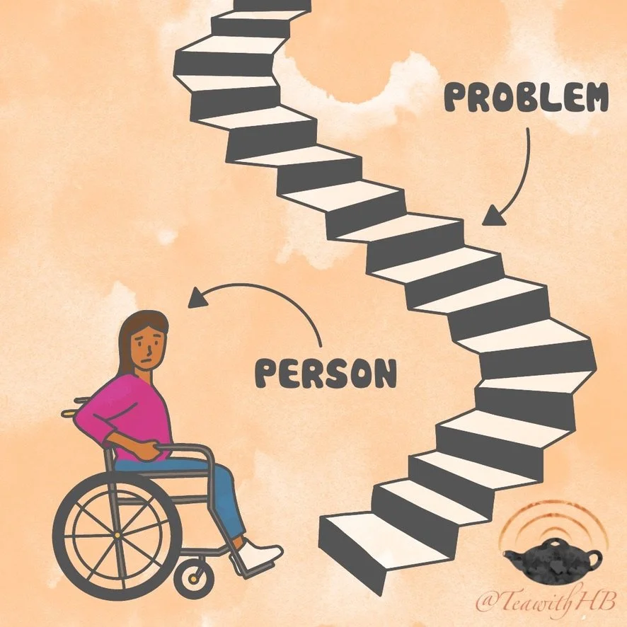An illustration of a desi woman in a bright pink jumper and jeans sitting in a wheelchair at the bottom of a winding staircase. An arrow points to her with the label 'person', whilst another arrow points to the staircase with the label 'problem'.