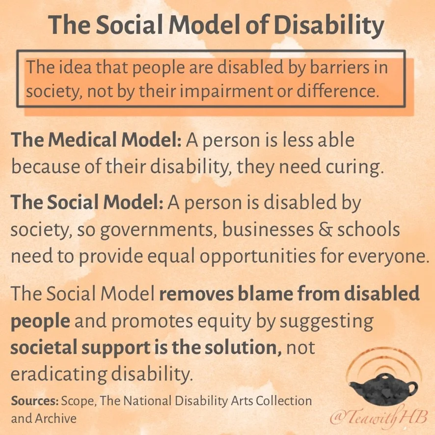 Title reads ‘The Social Model of Disability’. Subtitle reads ‘The idea that people are disabled by barriers in society, not by their impairment or difference.’
Body reads ‘The Medical Model: A person is less able because of their disability, they nee