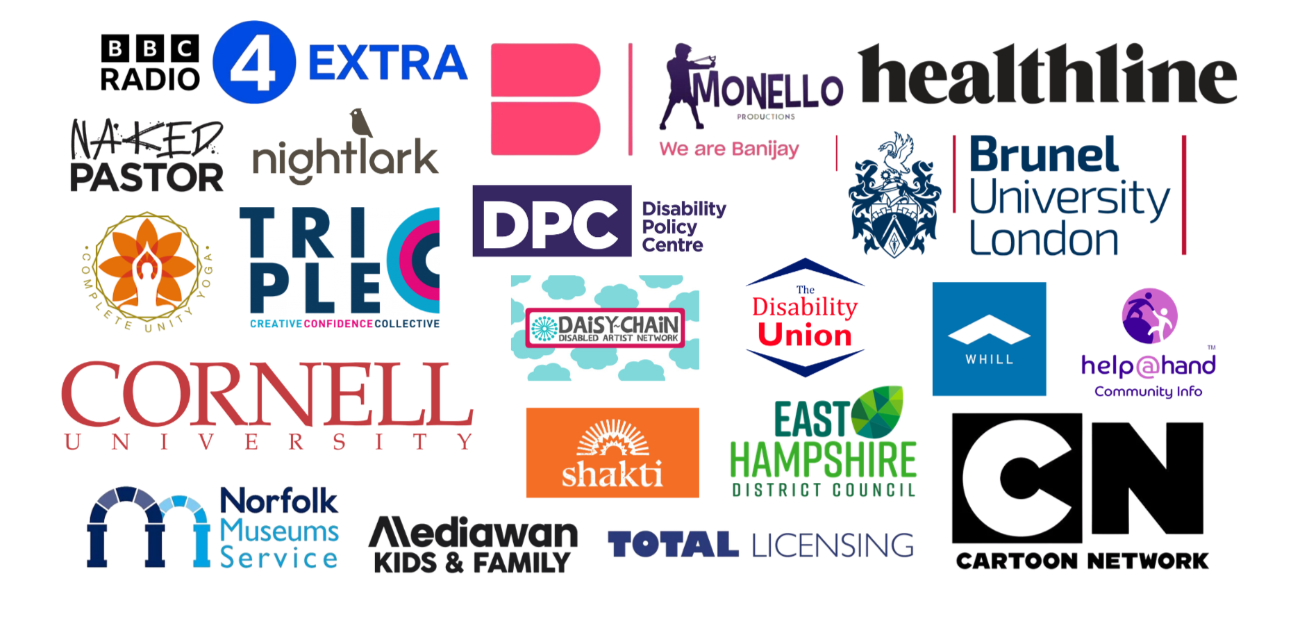 A colorful collage of logos representing various organizations and initiatives related to disability, education, healthcare, community services, and advocacy