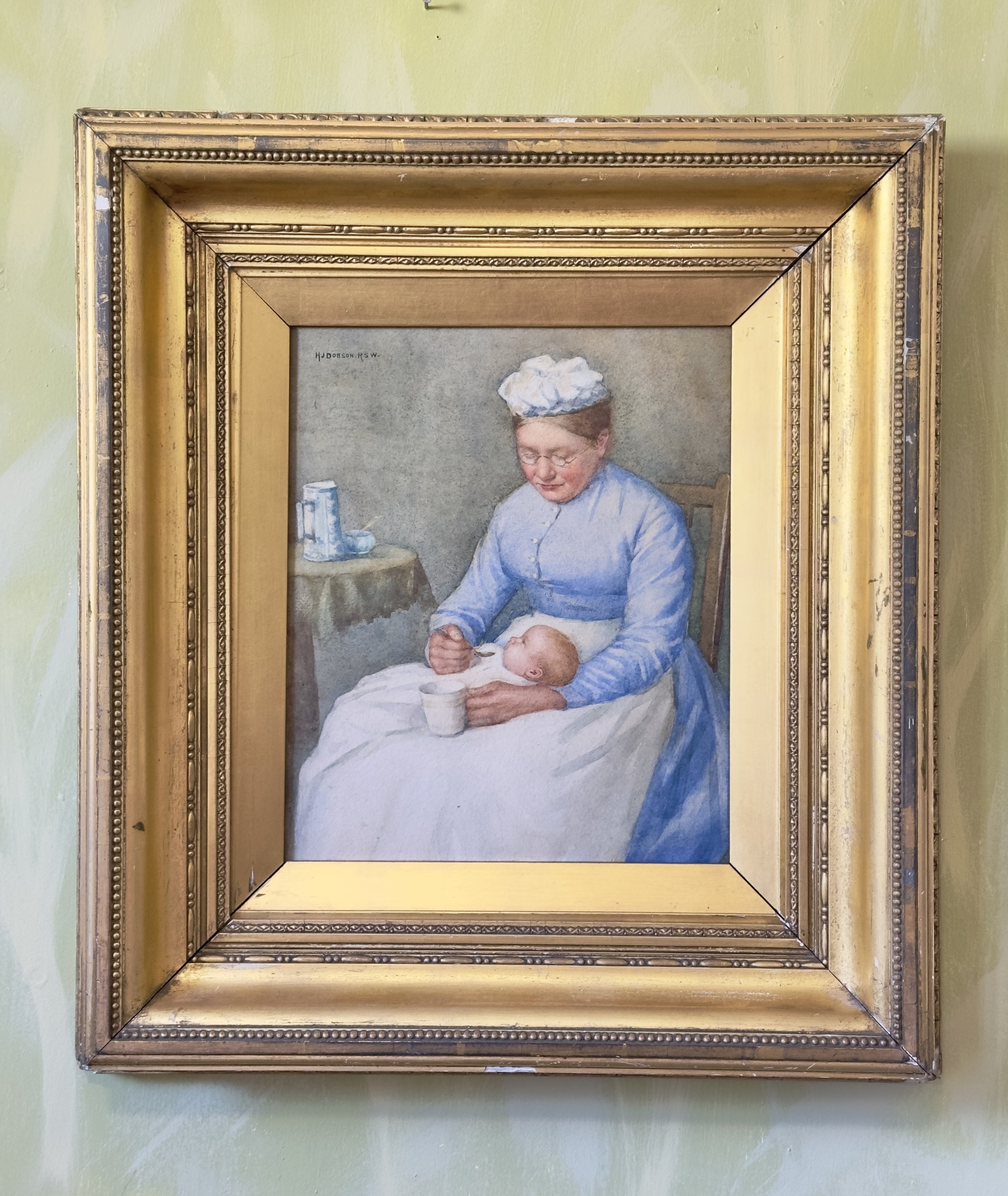 Victorian Watercolour of Nursery Nurse & Baby by Henry John Dobson (1858-1928)