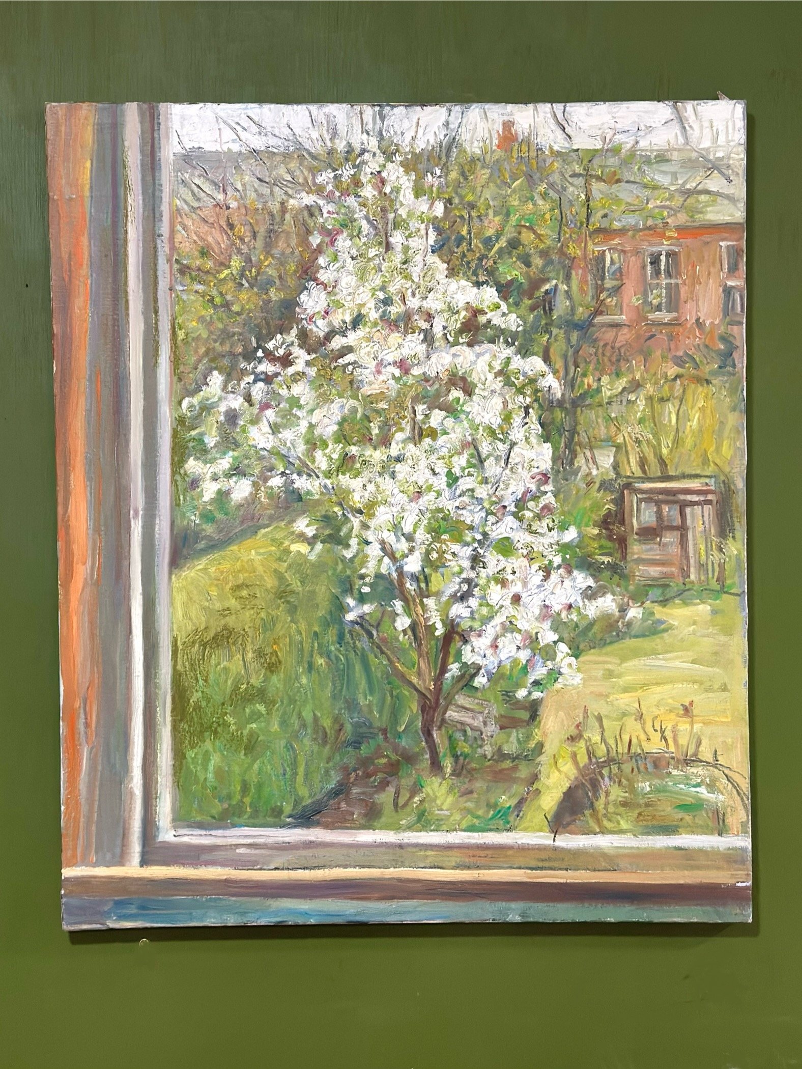 Large Window View Oil Painting By 20th Century Artist Simon Goldberg (1916-2002)