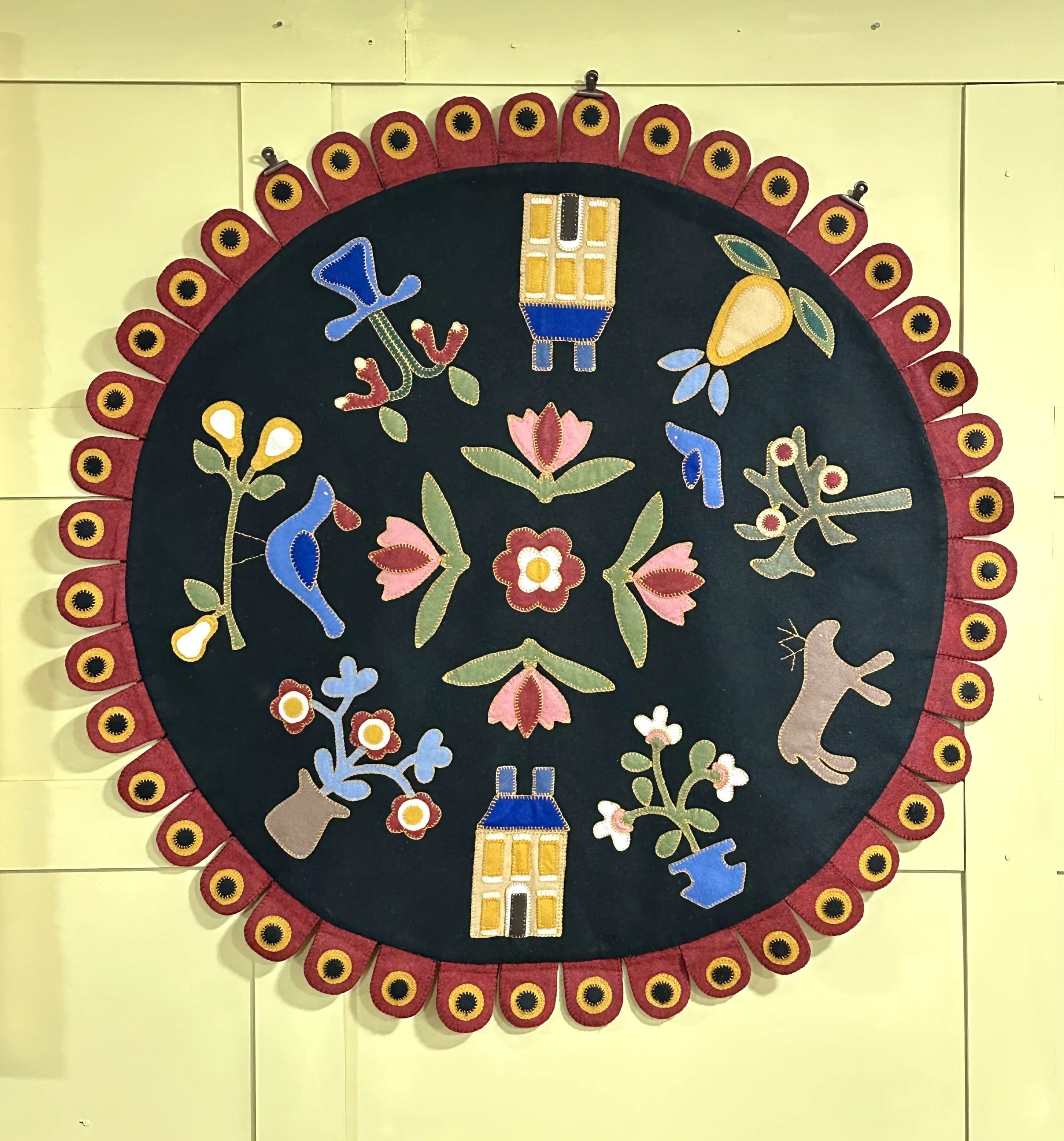 Vintage American Folk Art Felted Wool ‘Penny Rug’/Table Cover