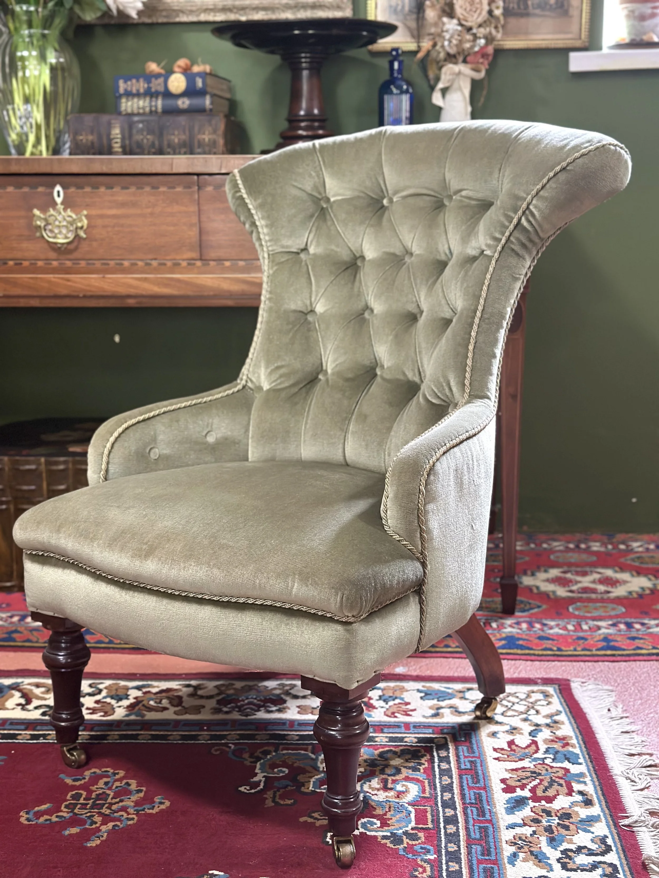 Antique Victorian 19th Century Button Back Pale Pistachio Green Chair