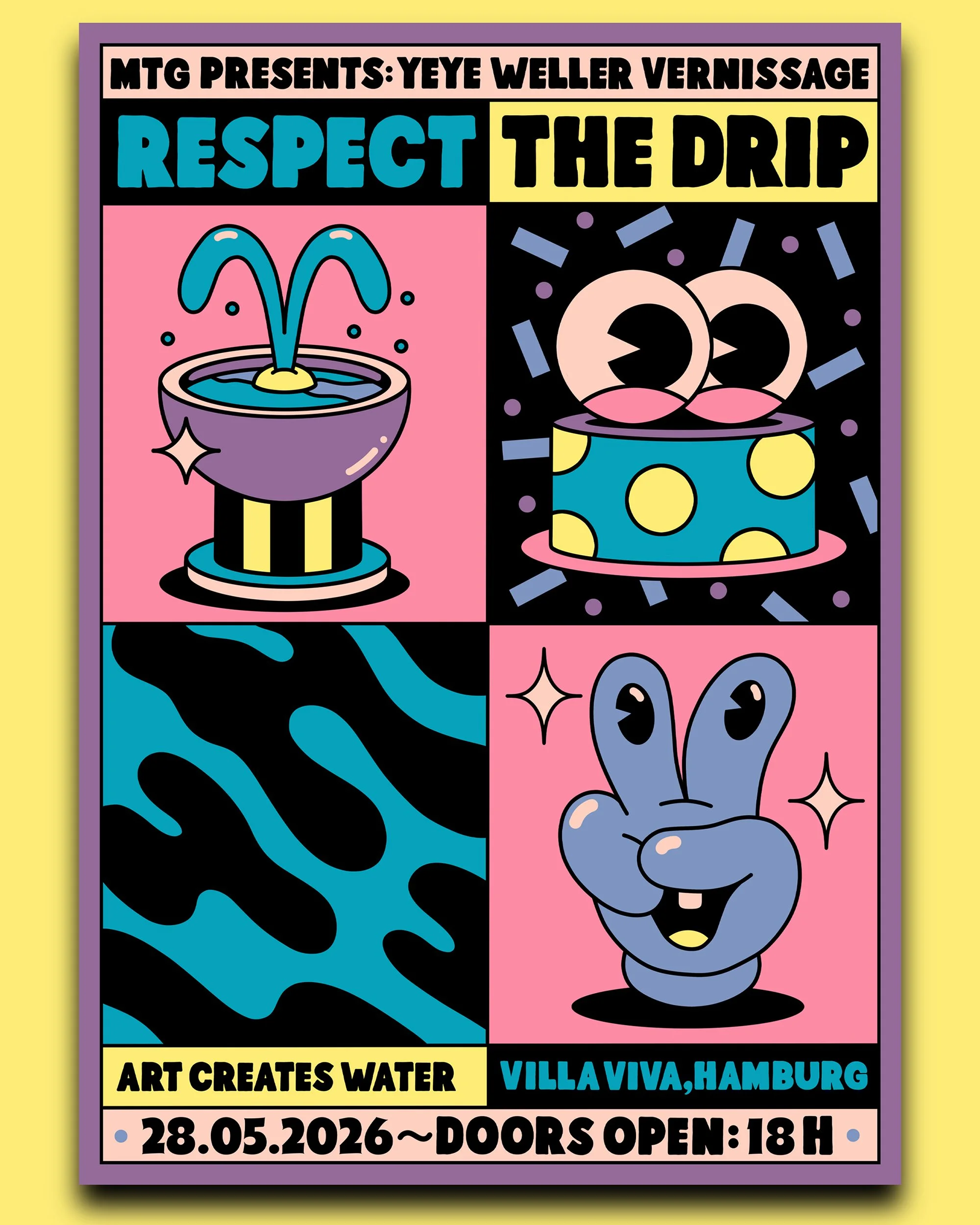 Poster art by Yeye Weller, a bold, colorful, and joyful artist duo from Münster, Germany and represented by Totally Reps