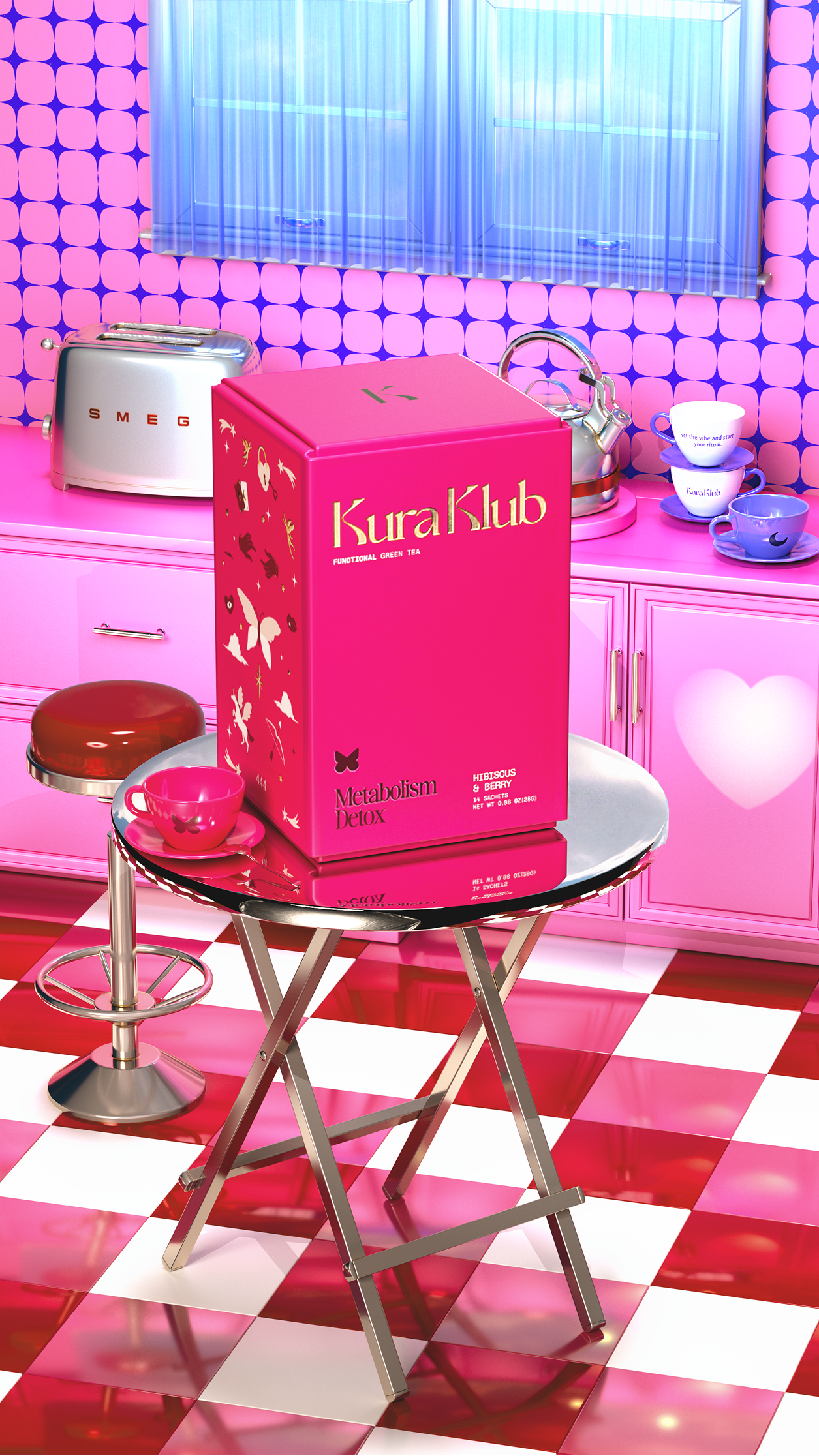 Kura Klub Tea GGI Illustration. Arina Emelianova is a CGI artist and director who builds hyperreal, maximalist worlds around products.