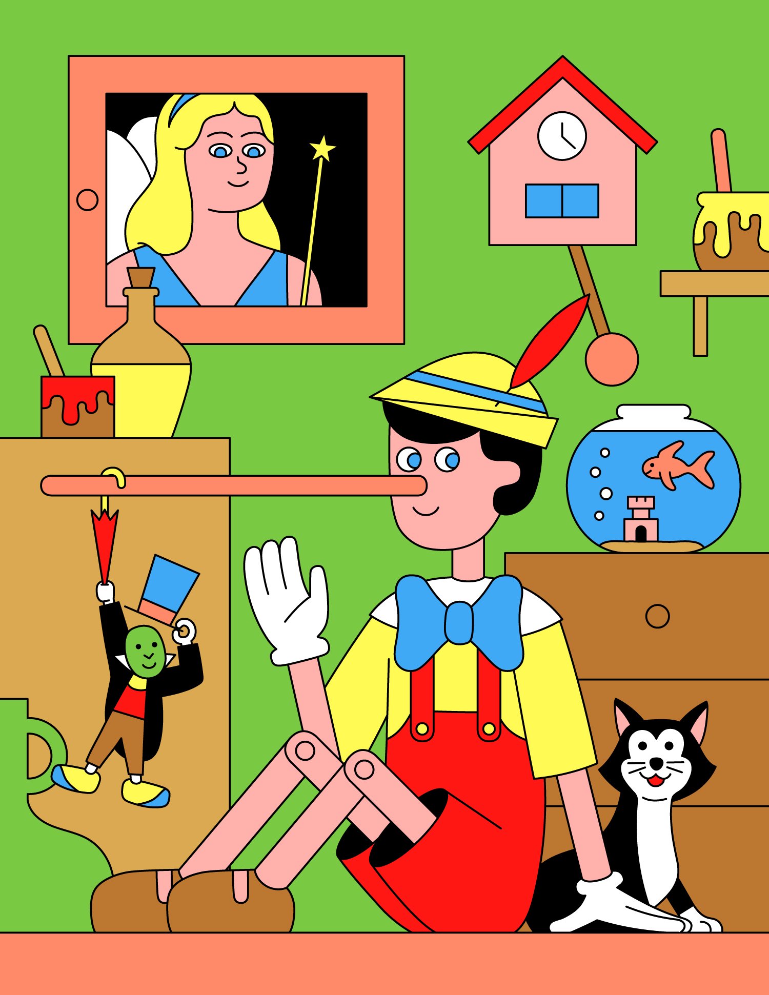 Pinochio illustration. Raúl Soria is a Spanish illustrator. His work is digital, vector-based and warm-hearted.