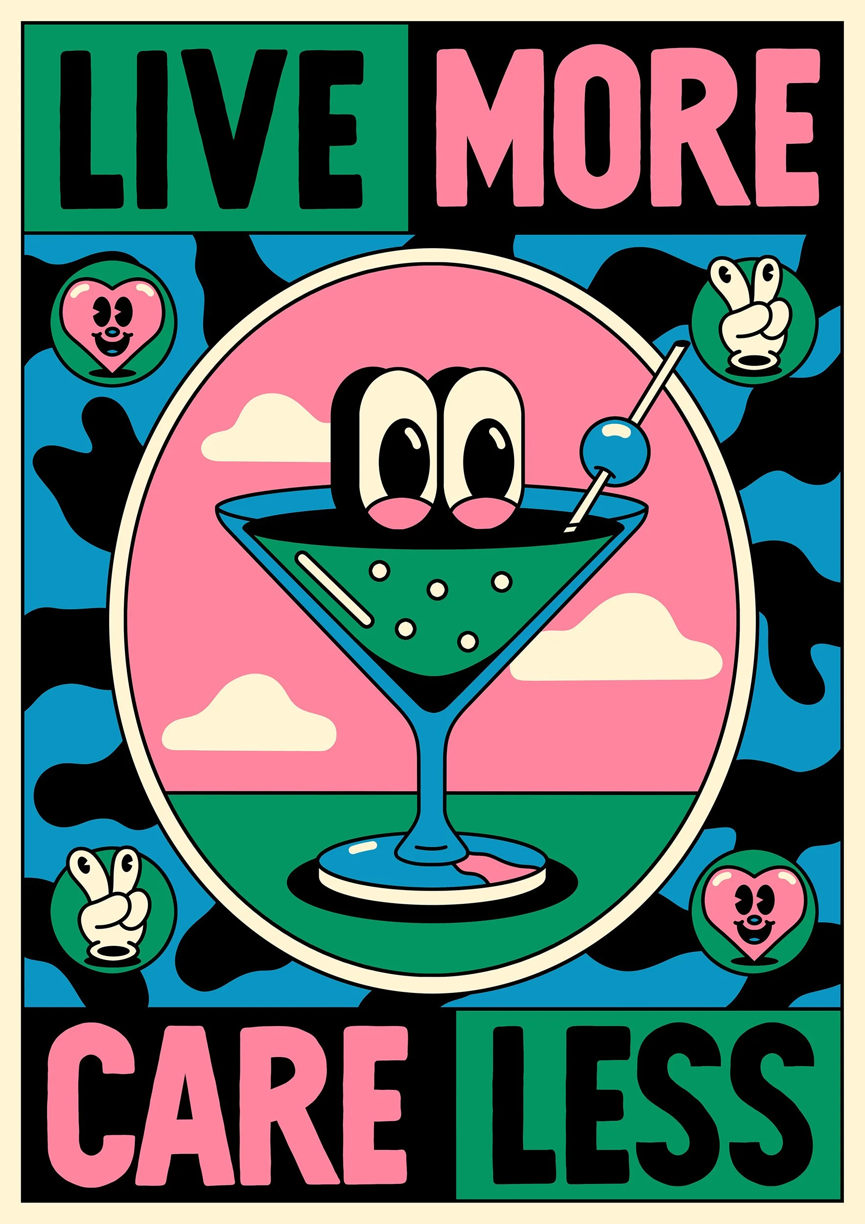 Poster art by Yeye Weller, a bold, colorful, and joyful artist duo from Münster, Germany and represented by Totally Reps