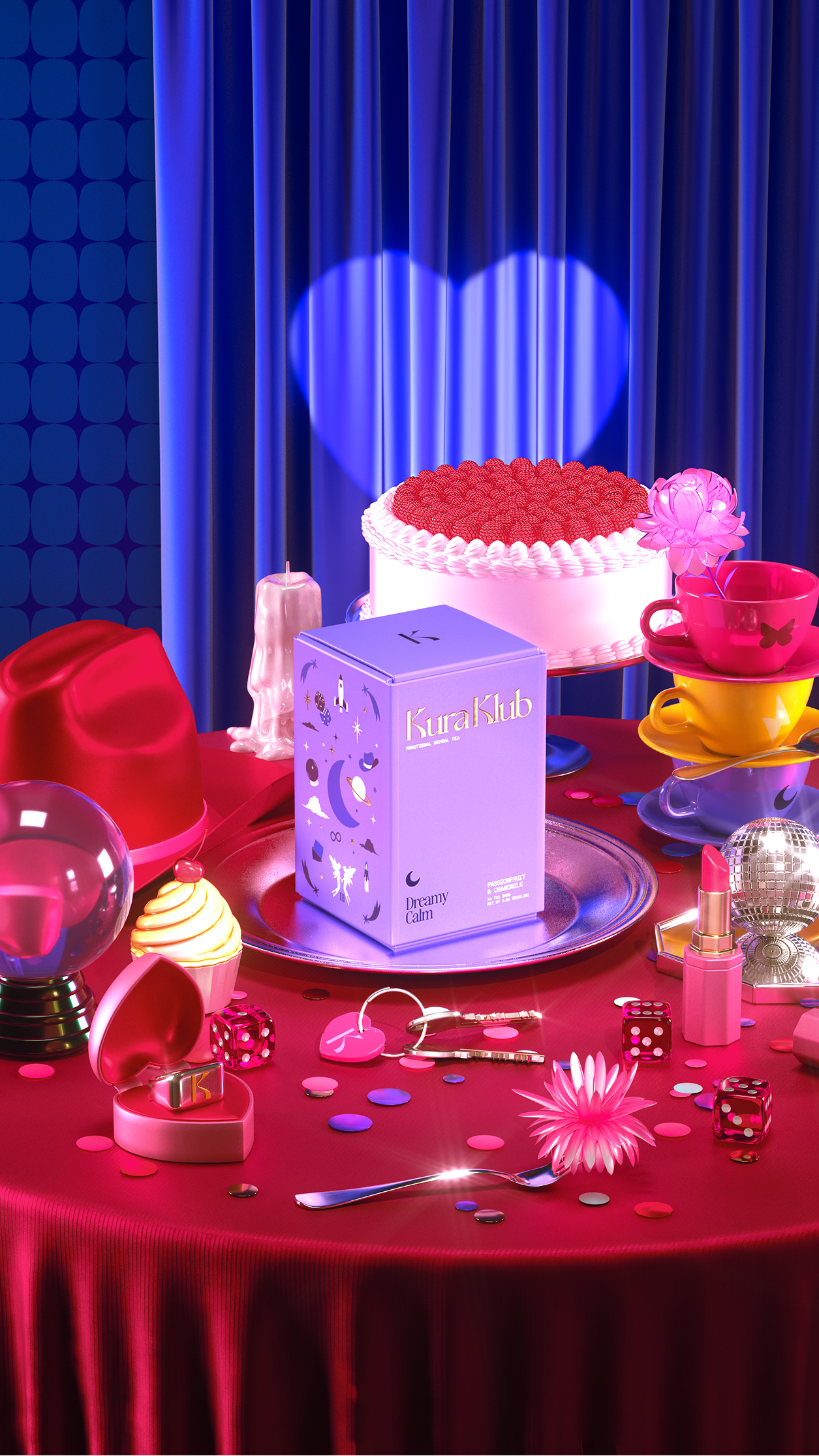 Kura Klub Tea GGI Illustration. Arina Emelianova is a CGI artist and director who builds hyperreal, maximalist worlds around products.