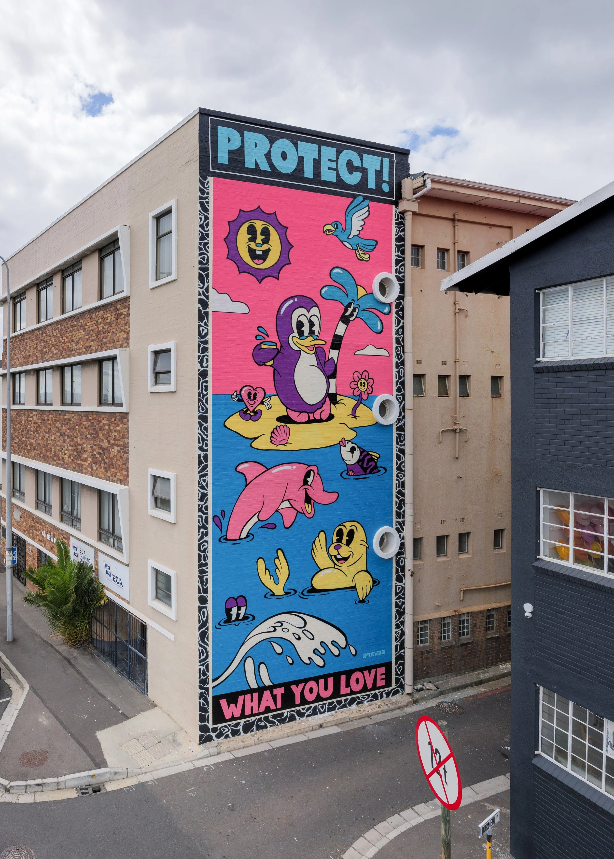 Mural by Yeye Weller, a bold, colorful, and joyful artist duo from Münster, Germany and represented by Totally Reps.