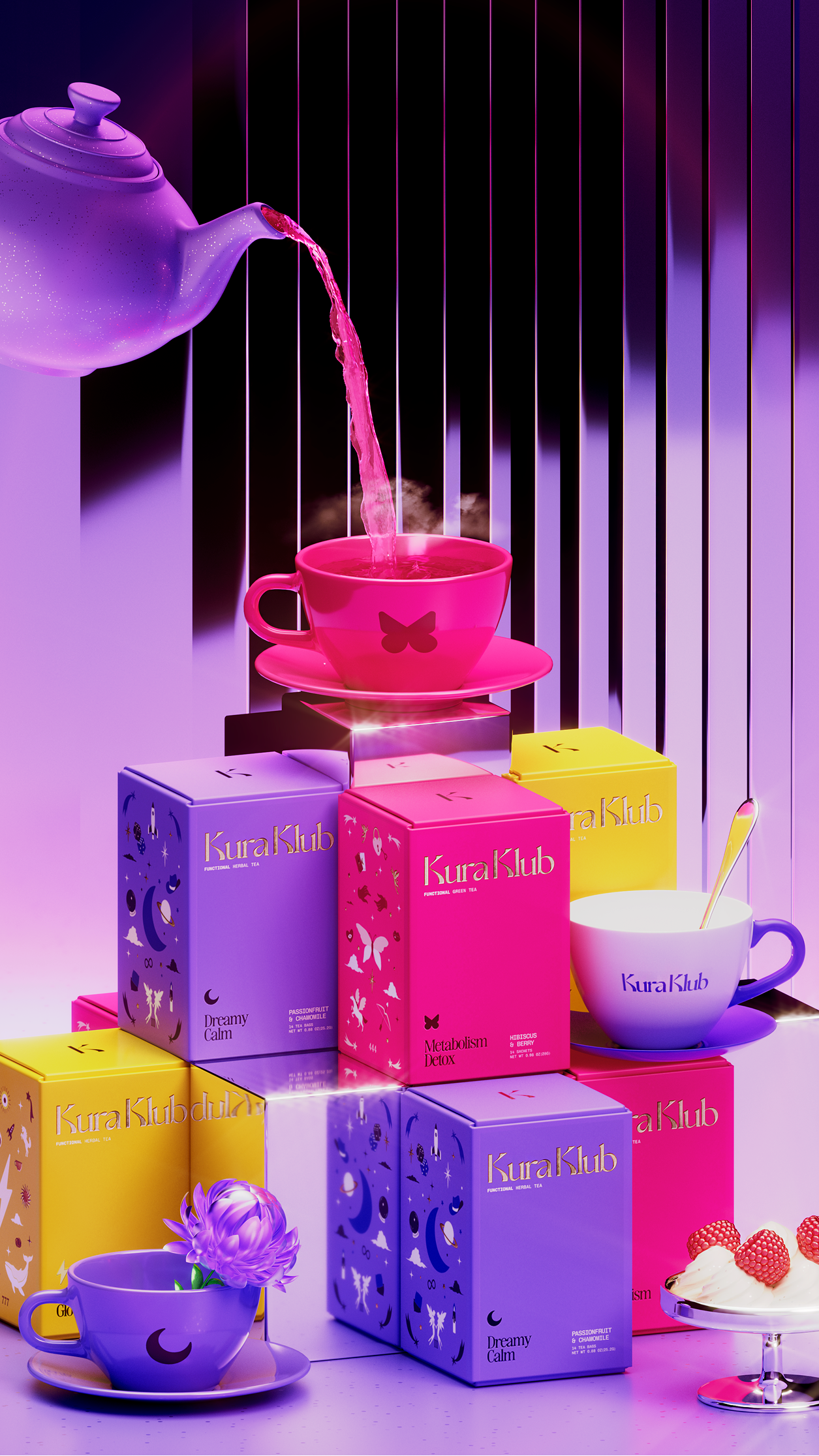 Kura Klub Tea GGI Illustration. Arina Emelianova is a CGI artist and director who builds hyperreal, maximalist worlds around products.