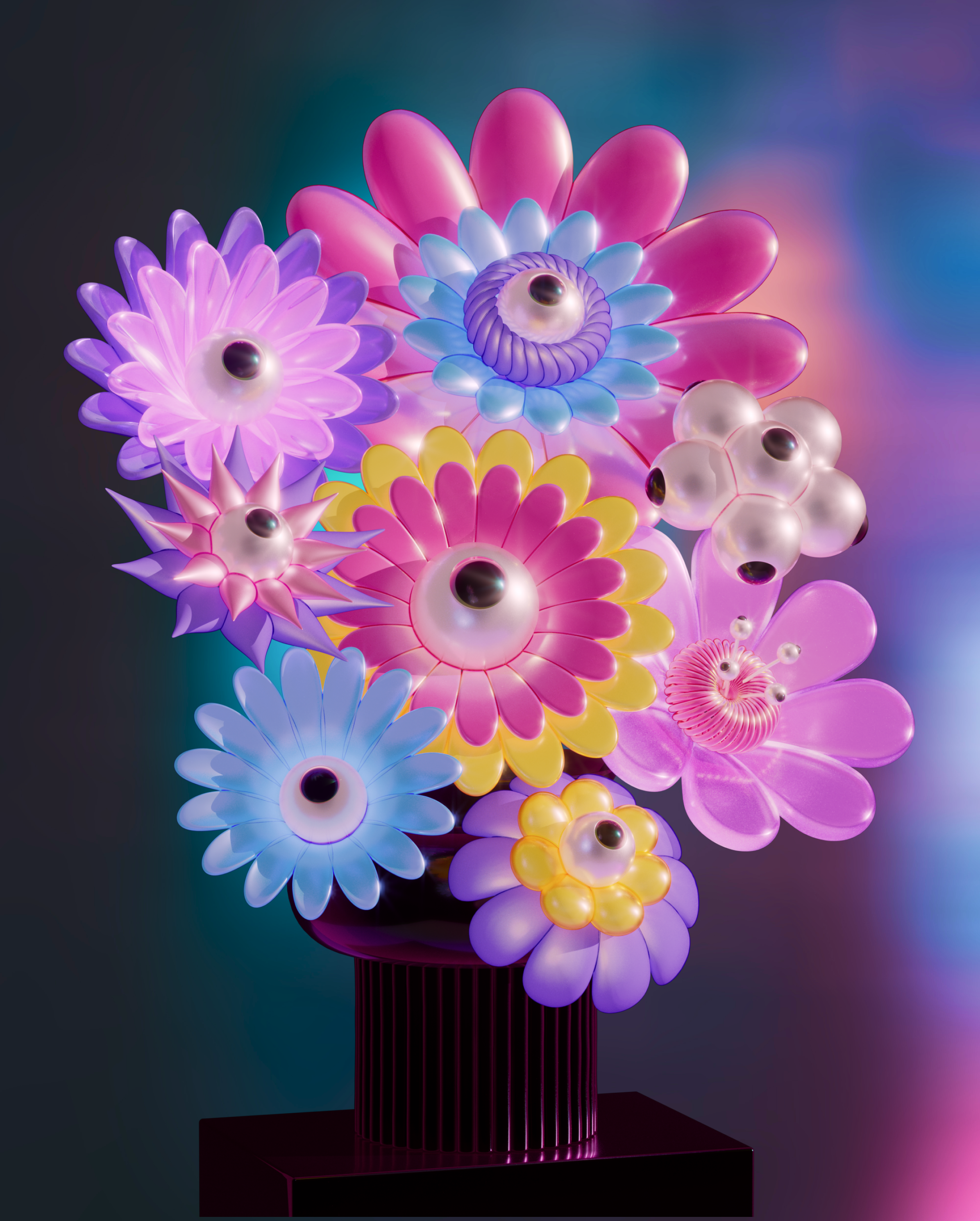 CGI Flowers. Arina Emelianova is a CGI artist and director who builds hyperreal, maximalist worlds around products.