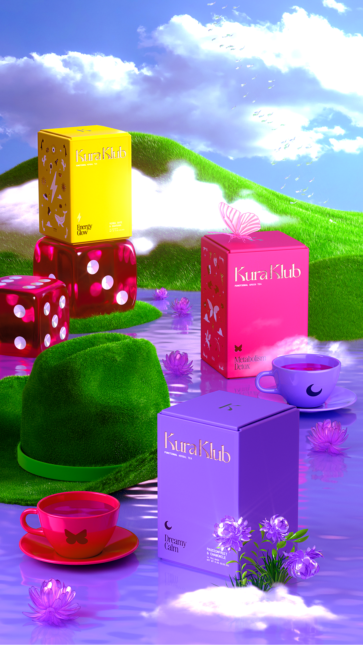 Kura Klub Tea GGI Illustration. Arina Emelianova is a CGI artist and director who builds hyperreal, maximalist worlds around products.