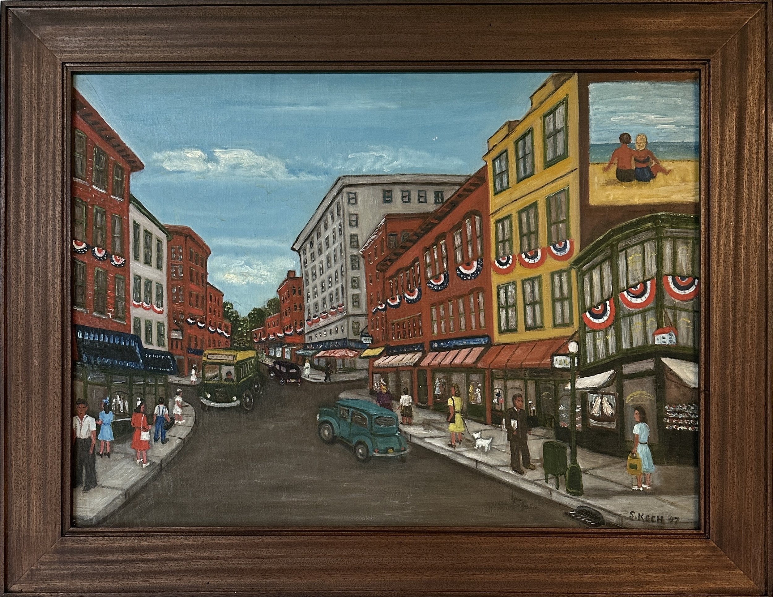A vibrant painting of a bustling city street with colorful buildings, pedestrians, vintage cars, and a bright sky, framed in wood sapele step frame.