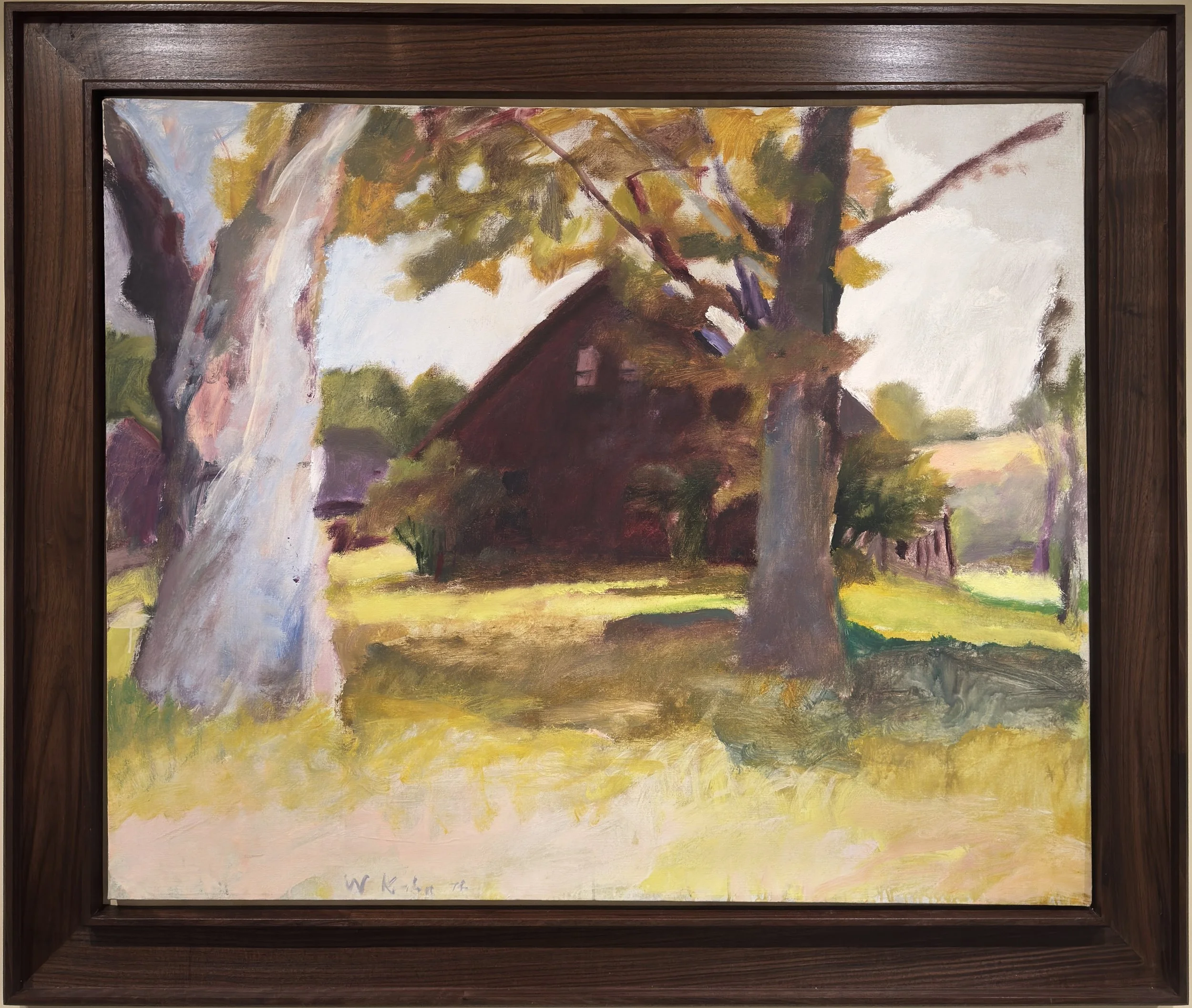 An abstract landscape painting featuring trees, a dirt path, and grassy fields by artist Wolf Kahn framed in a beautifully crafted black walnut float step frame.