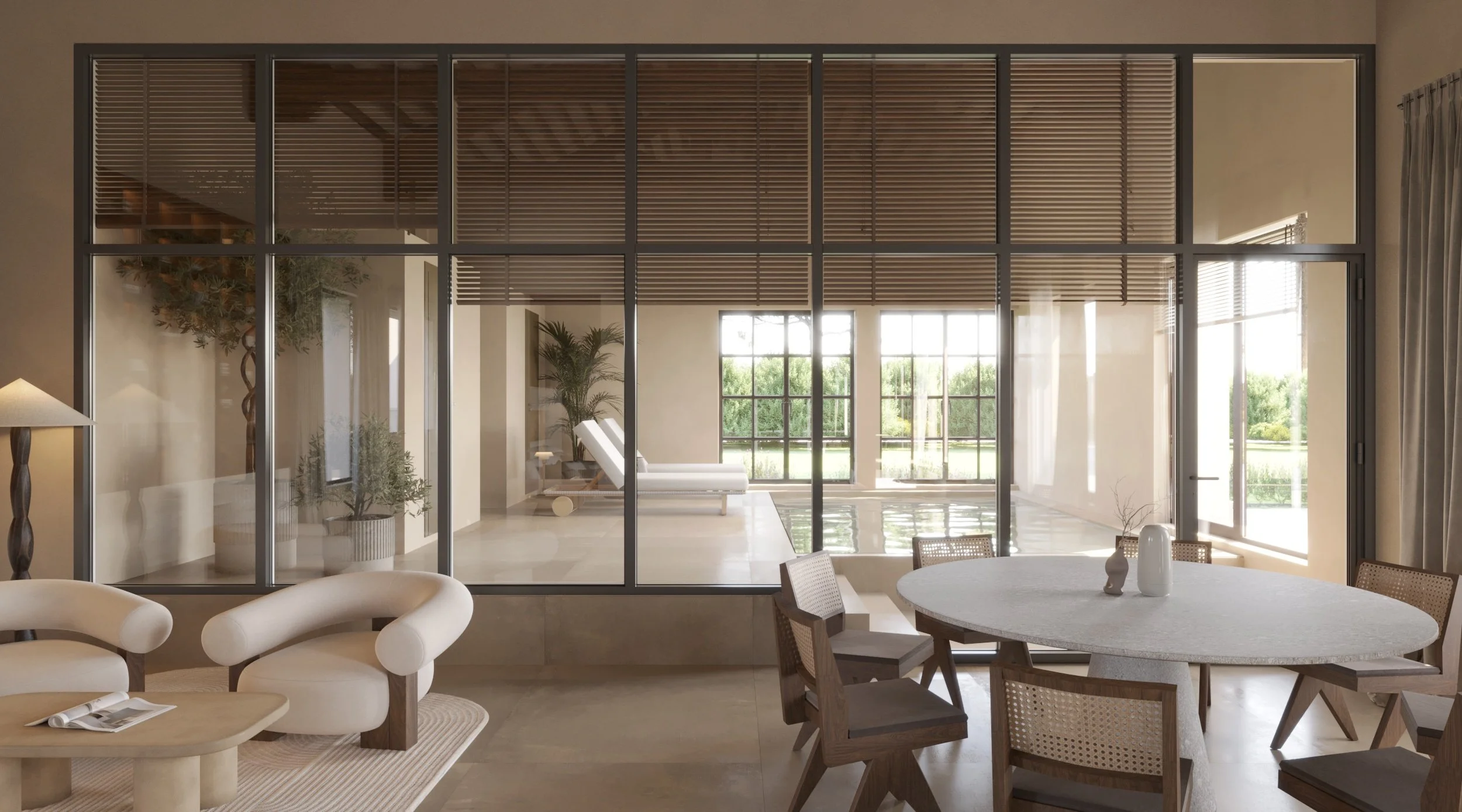 Piscina interior con materialidad natural en vivienda en Petrer