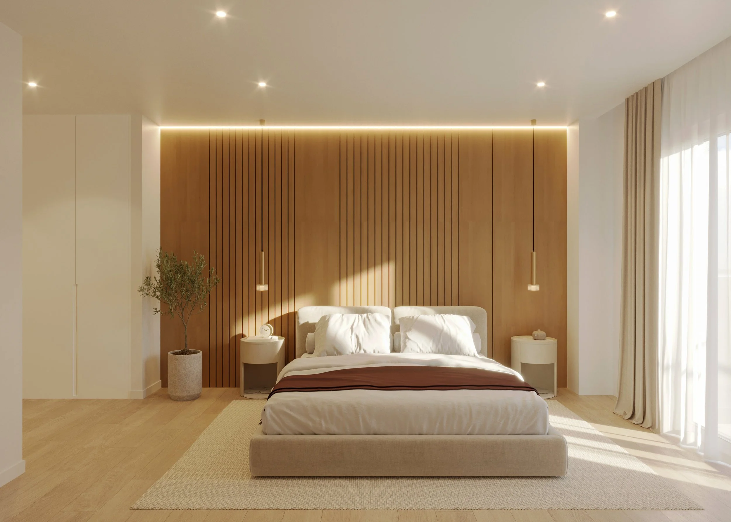 Visualización arquitectónica del dormitorio de un ático contemporáneo en Santa Pola, Alicante.