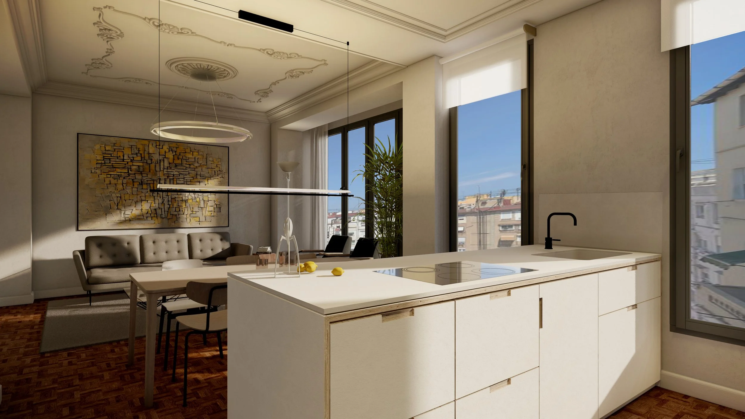Salón comedor cocina reformada en vivienda en Valencia
