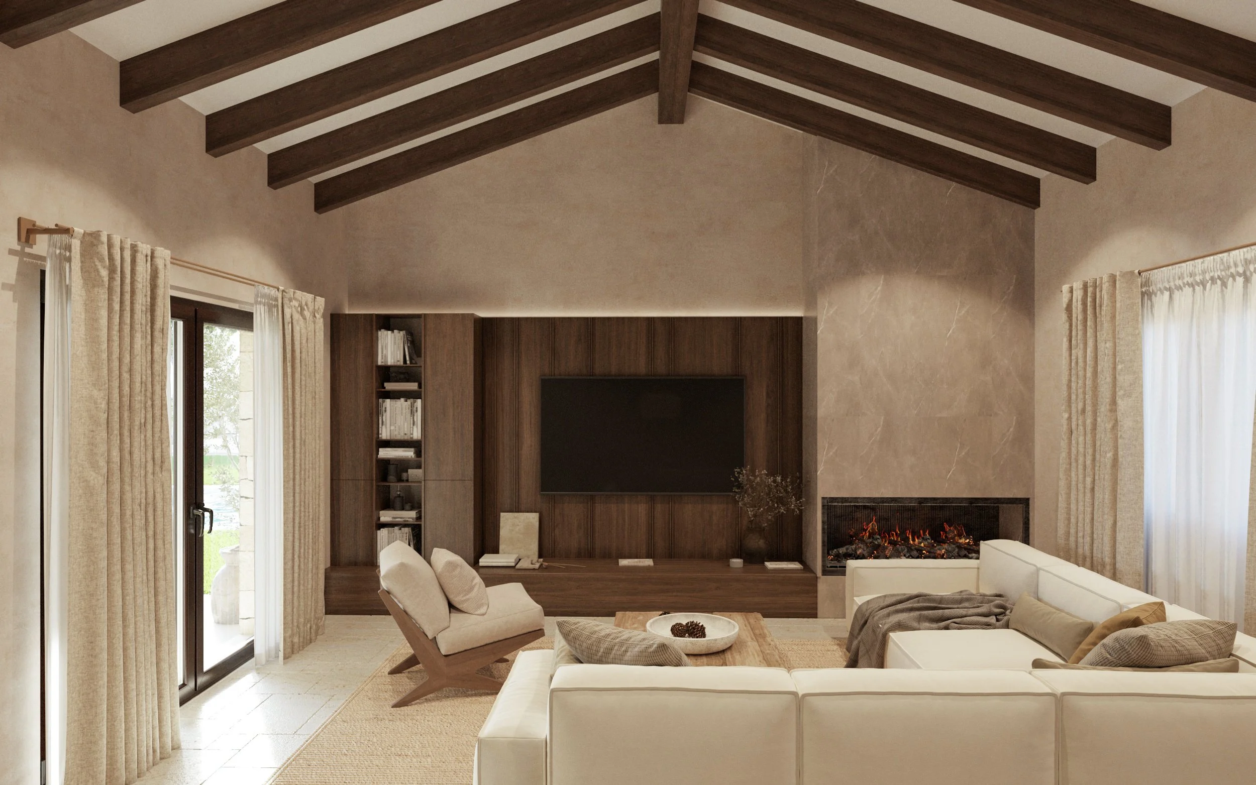 Diseño interior de salón con vigas de madera, zona de televisión, chimenea y acabados naturales.