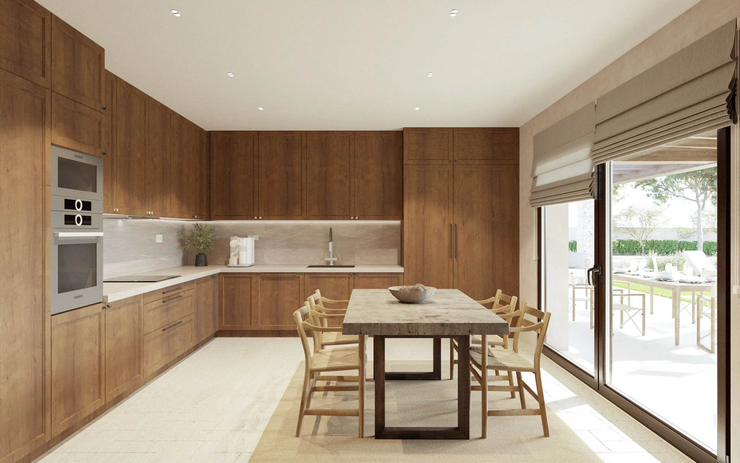 Visualización 3D de cocina contemporánea con mobiliario de madera, isla de piedra y tonos neutros.
