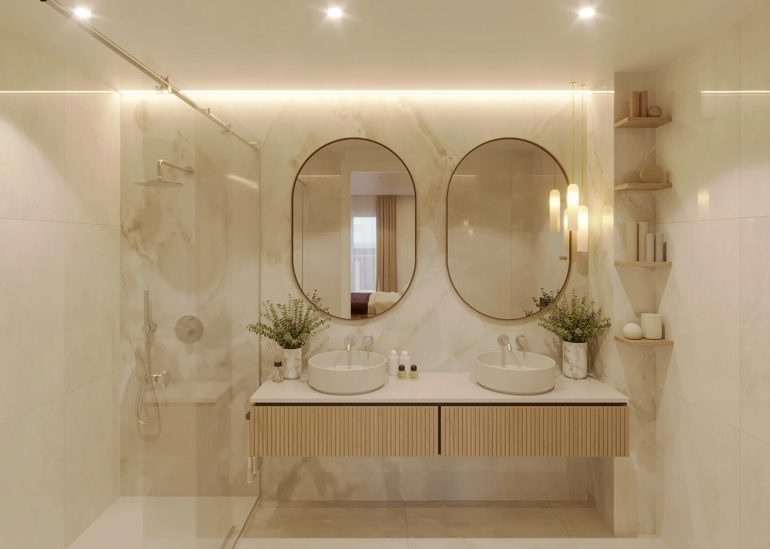 Visualización arquitectónica 3D del baño de un ático residencial en Santa Pola, Alicante.