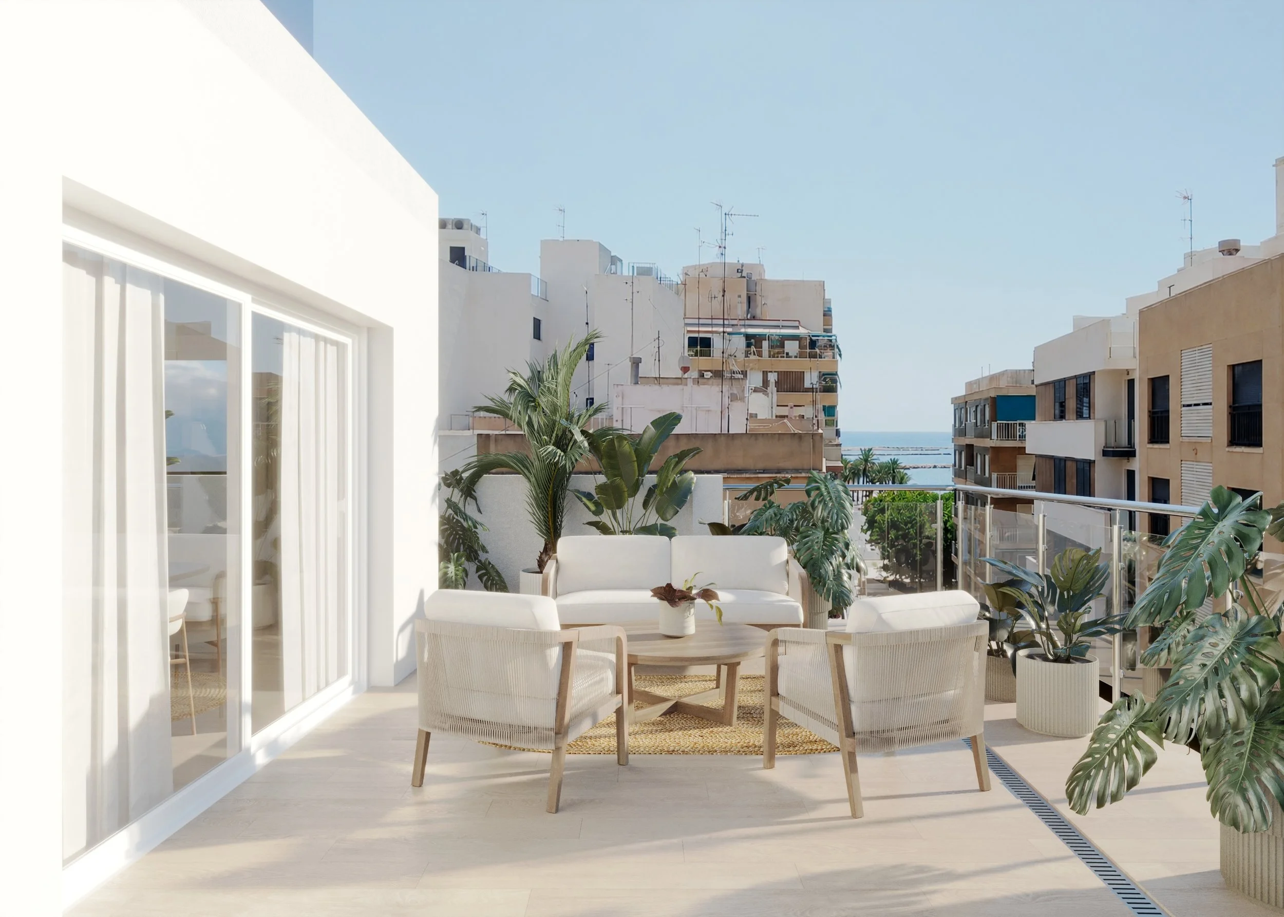 Visualización 3D de la terraza exterior de un ático residencial en Santa Pola, Alicante.