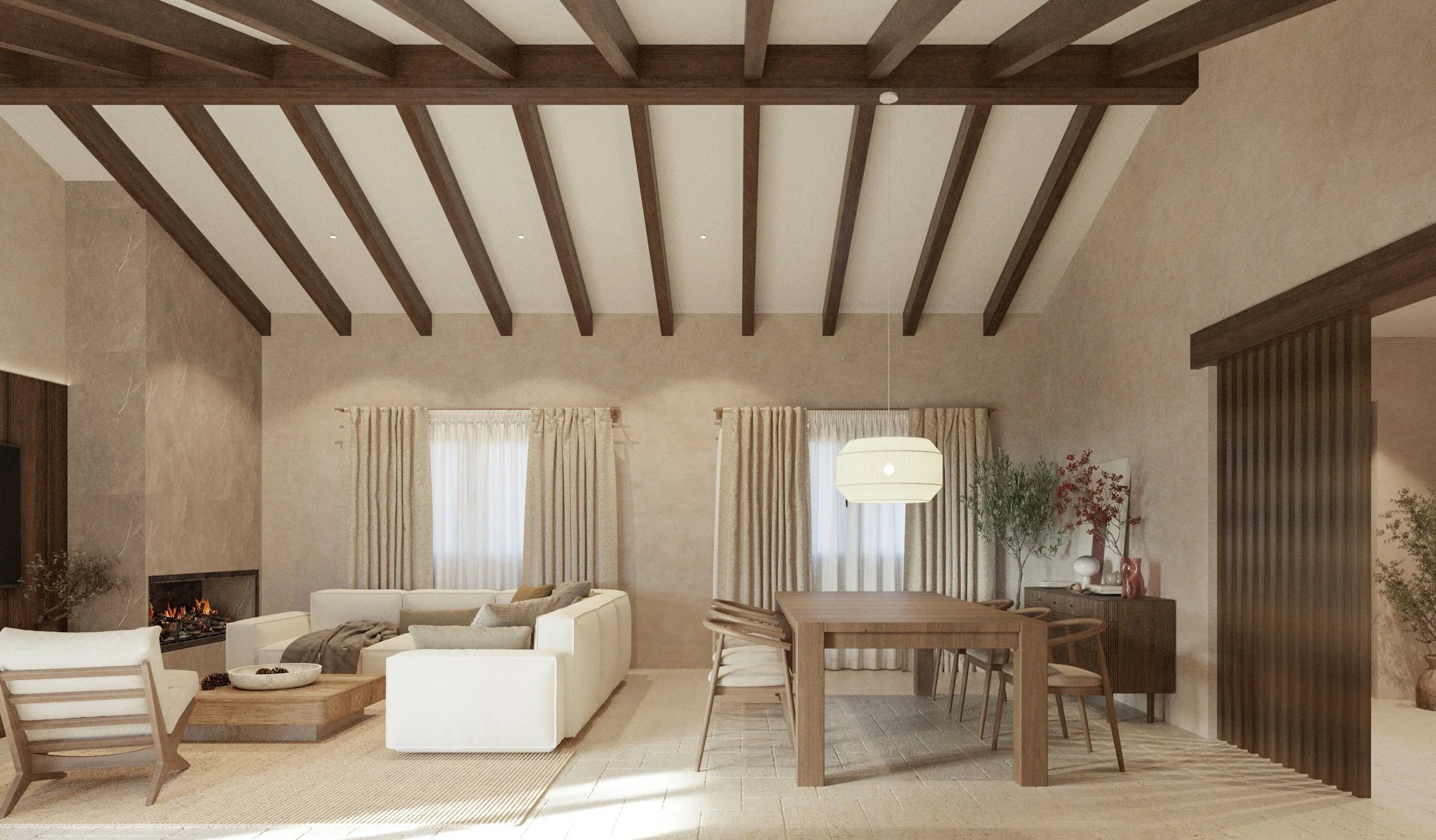 Vista panorámica del diseño interior de salón-comedor con vigas de madera y materiales naturales.