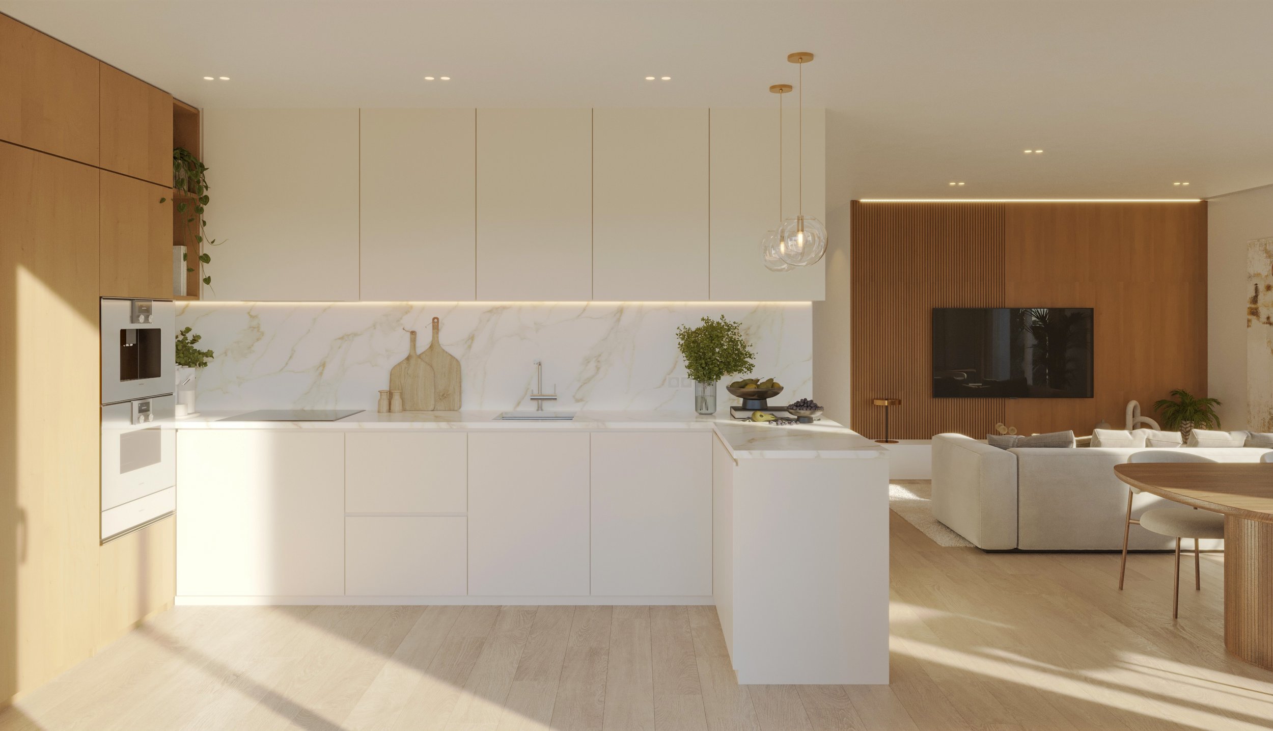 Visualización 3D de cocina contemporánea integrada en la zona de día de un ático residencial.