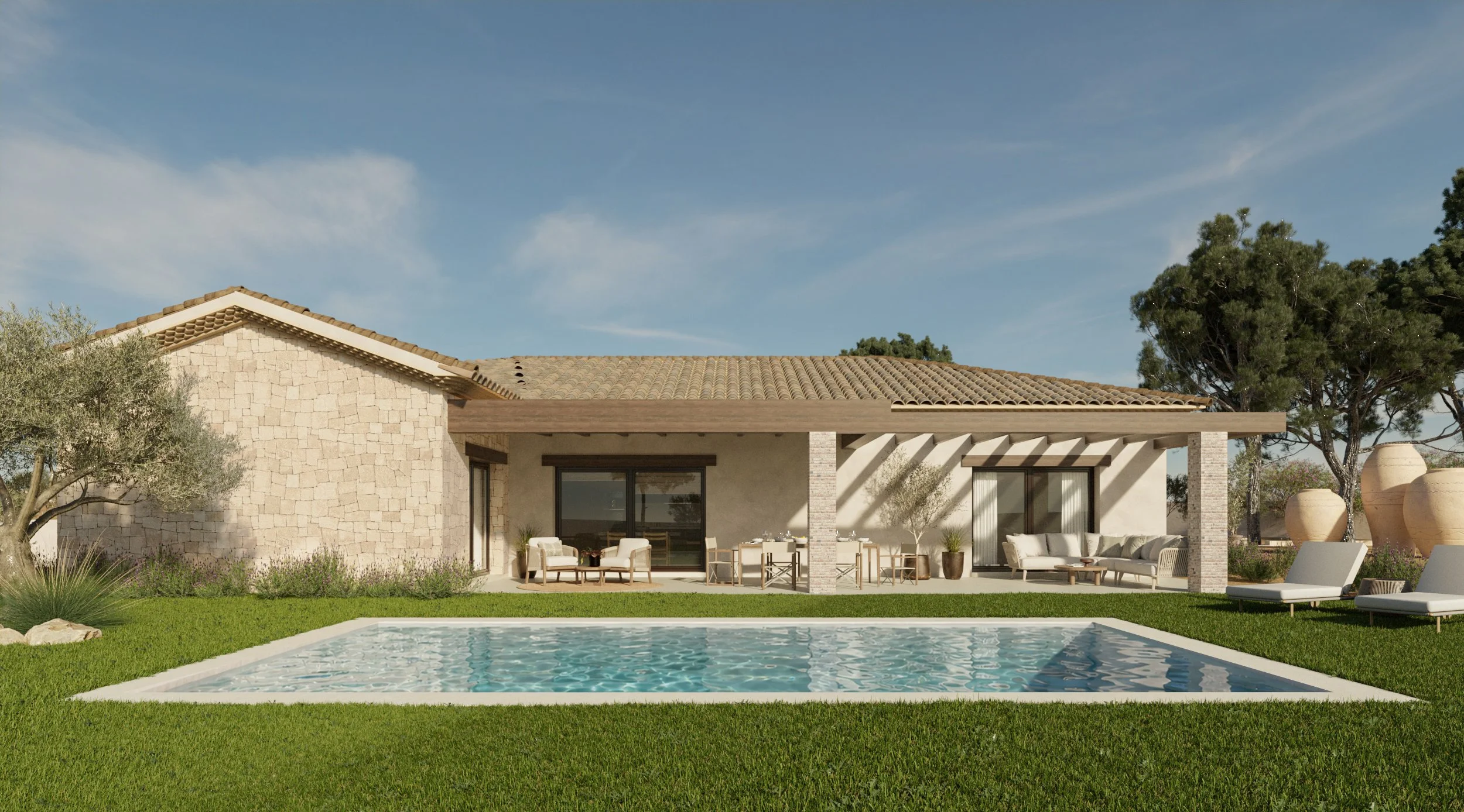 Visualización arquitectónica del exterior de una vivienda unifamiliar con piscina, pérgola y jardín mediterráneo.