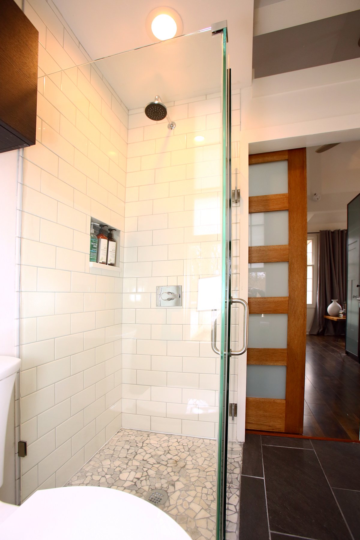 Custom tiled and glass shower, The Garden Villa Columbus Ohio Airbnb.