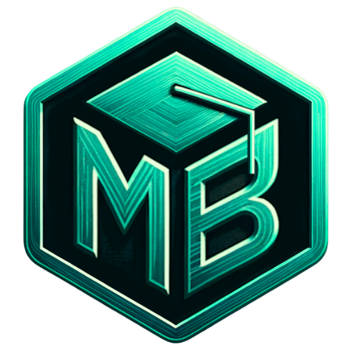 Das Bild zeigt ein stilisiertes Logo mit einem schwarzen Hintergrund, einem grünen, leuchtenden Hexagon mit einer 3D-Optik, in der Mitte ein schwarzer Würfel mit einer Hut-Silhouette auf der Oberseite und den schwarzen, glänzenden Buchstaben 'MB' an der Vorderseite.