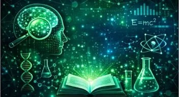 Illustration eines menschlichen Kopfes mit einer Glühbirne, wissenschaftlichen Symbolen wie DNA, Chemieglas, E=mc² und Atome, alles in grünen Tönen auf schwarzem Hintergrund