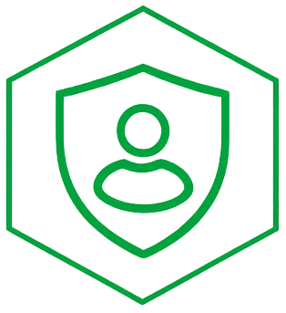 Symbol eines Schutzschilds mit einer Person in der Mitte, grüner Hintergrund.