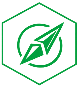 Grünes Logo mit Papierflugzeug in einem Hexagon, symbolisiert Navigation oder E-Mail.