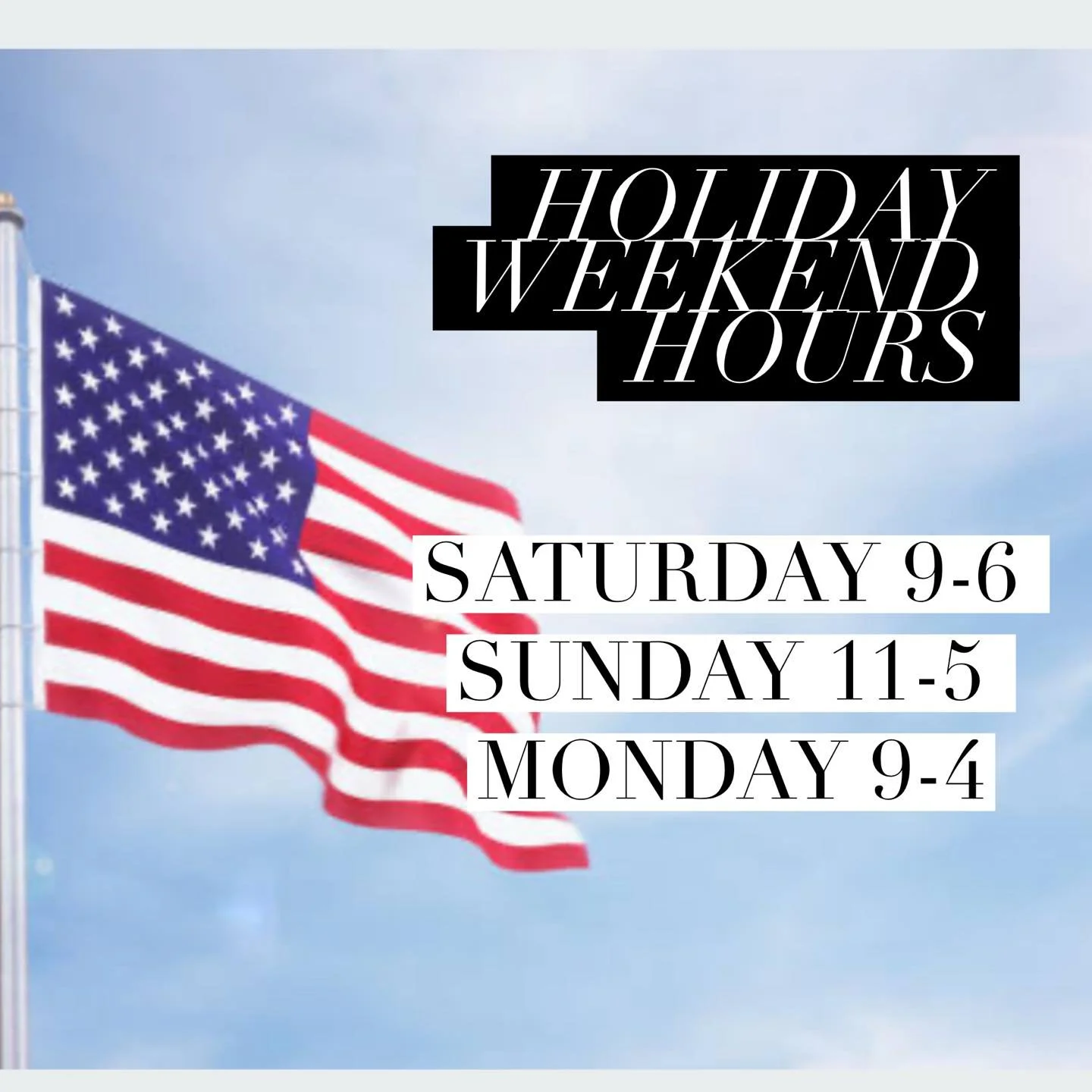 Holiday weekend hours ⬇️ 🇺🇸
Saturday 9-6
Sunday 11-5
Monday 9-4