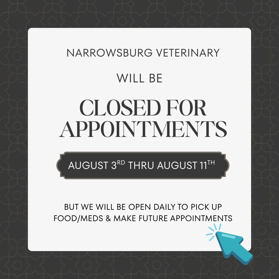 📣 NBV will be closed for appointments August 3rd thru August 11th and we will reopen Tuesday, August 12th at noon.⁠
⁠
☎️🦴💊 The office WILL BE OPEN the following days to p/u food or meds, make a future appointment or general inquiries.⁠
⁠
Monday, A