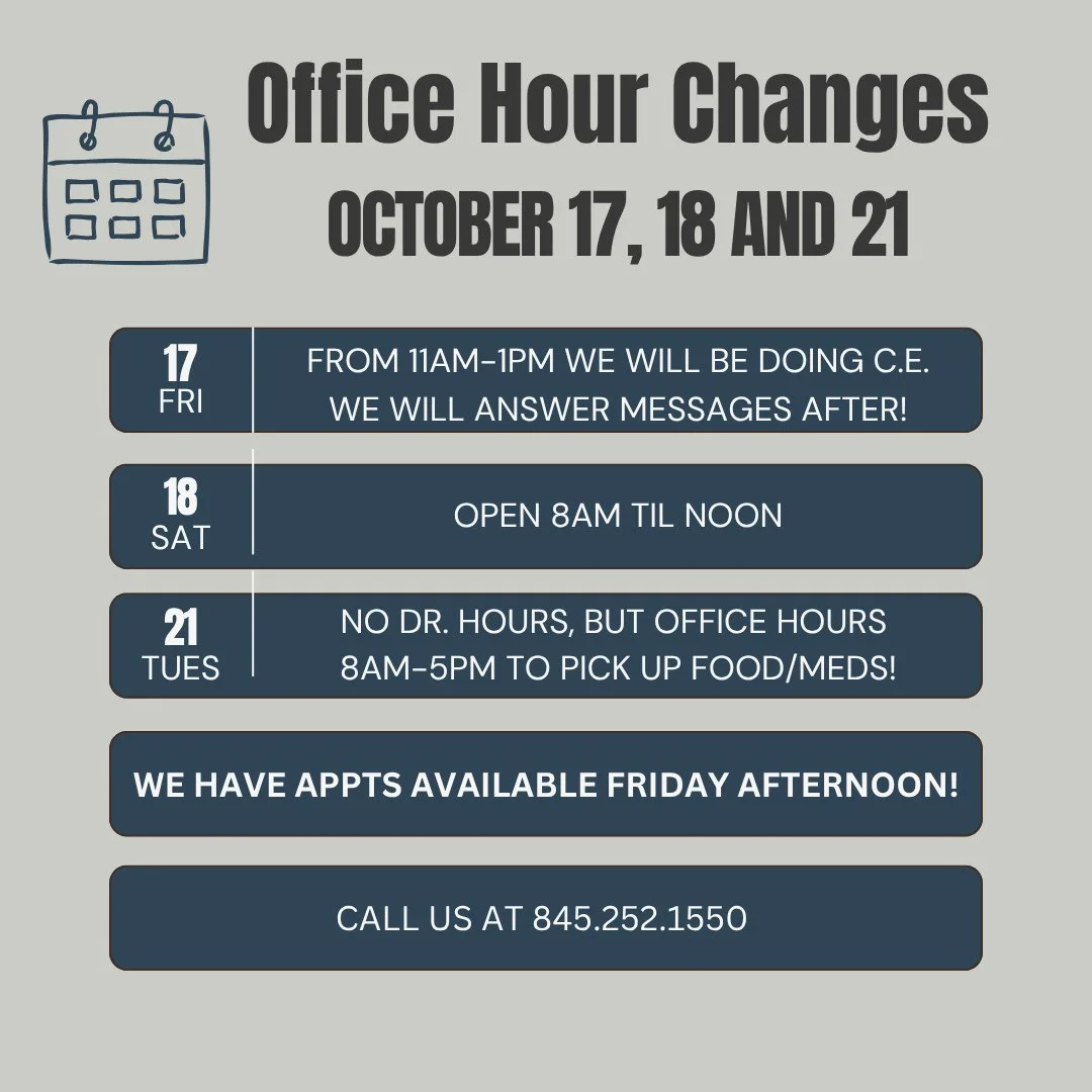 📣 Just a few announcements regarding a change in office hours this upcoming week:⁠
⁠
🩺 Friday, Oct. 17th: Open normal business hours but closed for lunch 11am-1pm while we do a Continuing Education course. Rest assured we will check our voicemail m