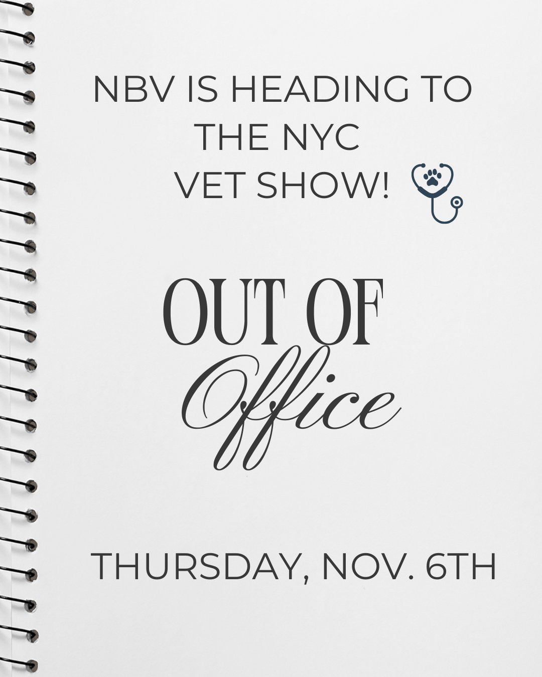 We're heading to NYC this Thursday, Nov. 6th for the NYC Vet Show! 🩺🏙️🐾⁠
⁠
The office will be closed all day Thursday, Nov. 6th, so if you need food/meds or an appointment before then, please call us at the office at 845.252.1550 and we'll be happ