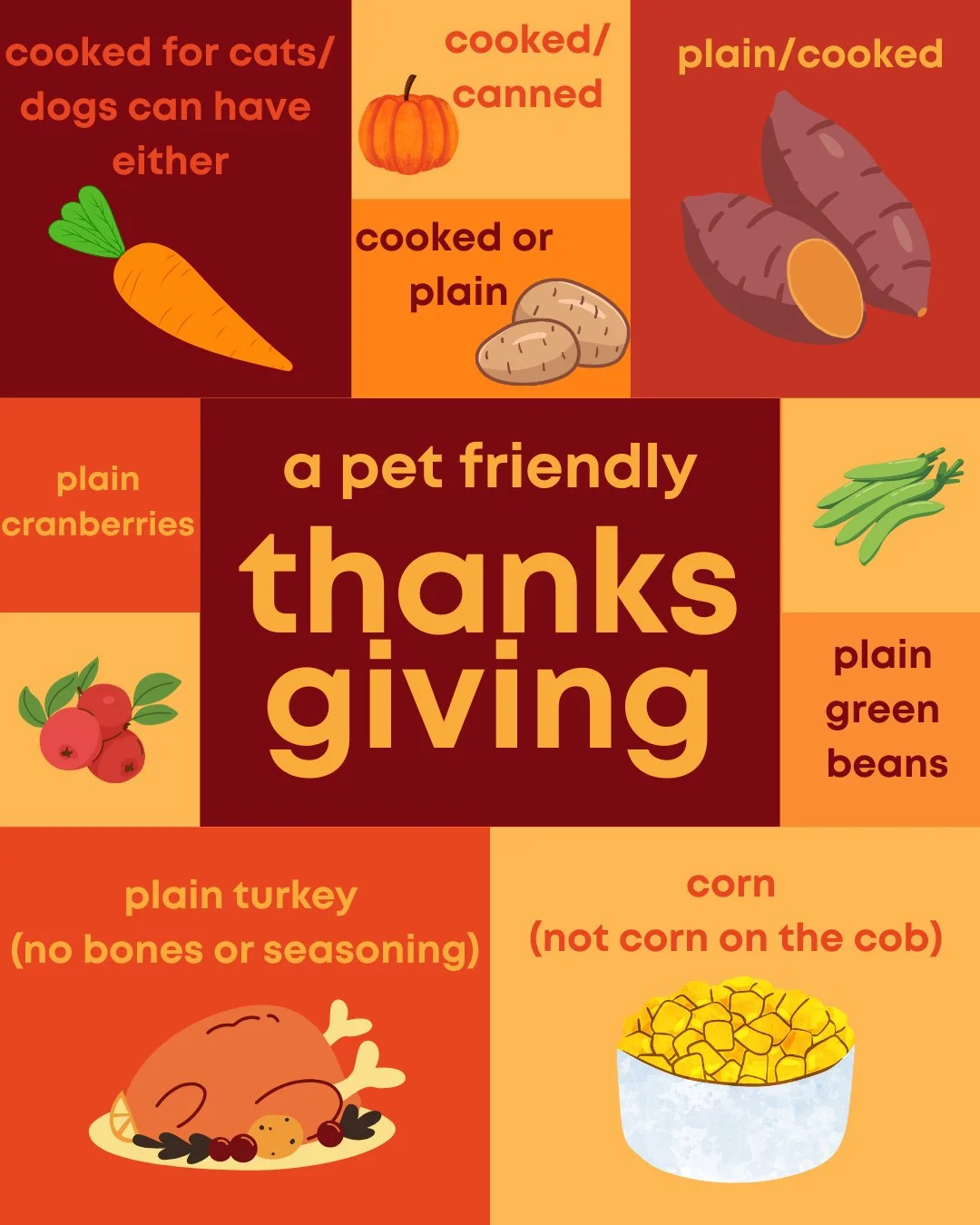 🐶🐱 Thanksgiving Dog &amp; Cat Friendly Foods &amp; Foods to Avoid!⁠
⁠
👌 Safe foods: ⁠
⁠
Carrots⁠ (cooked for cats, cooked/raw for dogs)⁠
Pumpkin⁠ (canned or cooked but no pie filling)⁠
Green beans⁠ (canned, frozen or fresh)⁠
Turkey (no bones, no s