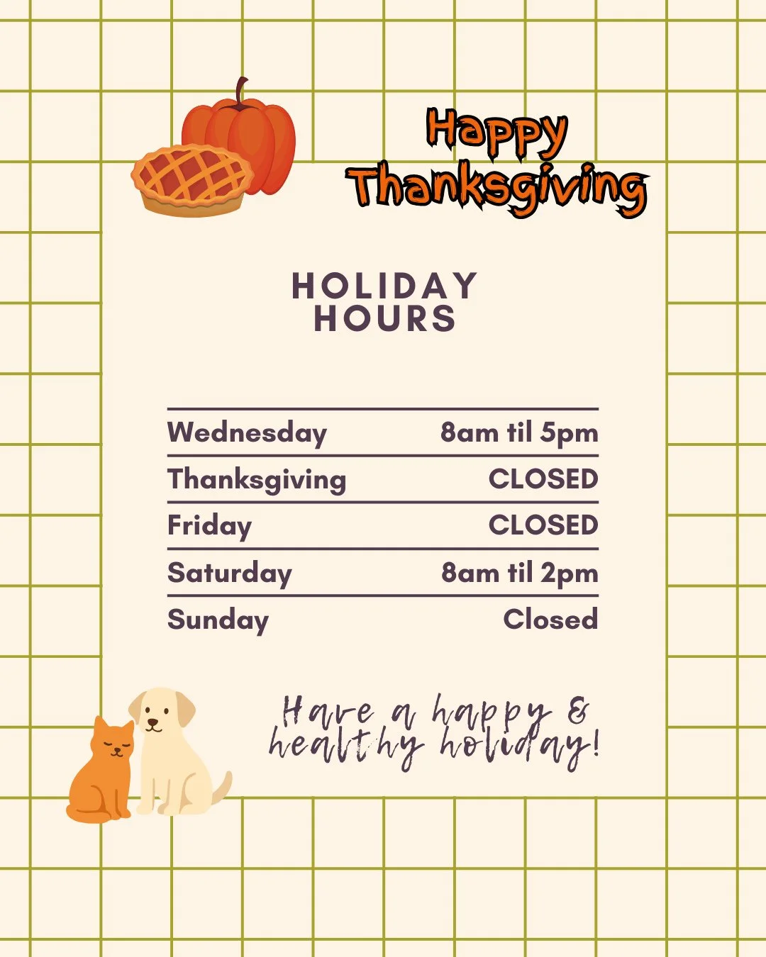 📅🦃 NBV's Holiday Hours This Week!⁠
⁠
The office will be closed all day Thursday 11/27 and Friday 11/28 for Thanksgiving.⁠
⁠
💻️⁠ While we are out of the office, remember to check our website at www.narrowsburgvet.com (under services) for a list of 