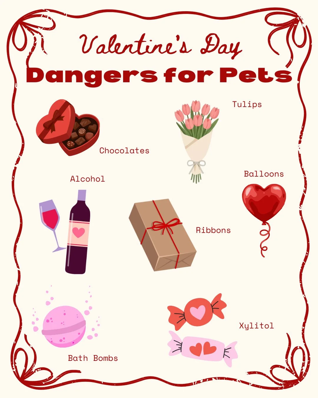 🚨❤️ Valentine's Day goodies can be fun for humans but dangerous for our furry friends. ⁠
⁠
🚫 Below you'll find a list of items to watch out for. 👀⁠
⁠
💐 Tulips contain toxins that can cause GI issues - and can lead to heart, respiratory and nervou