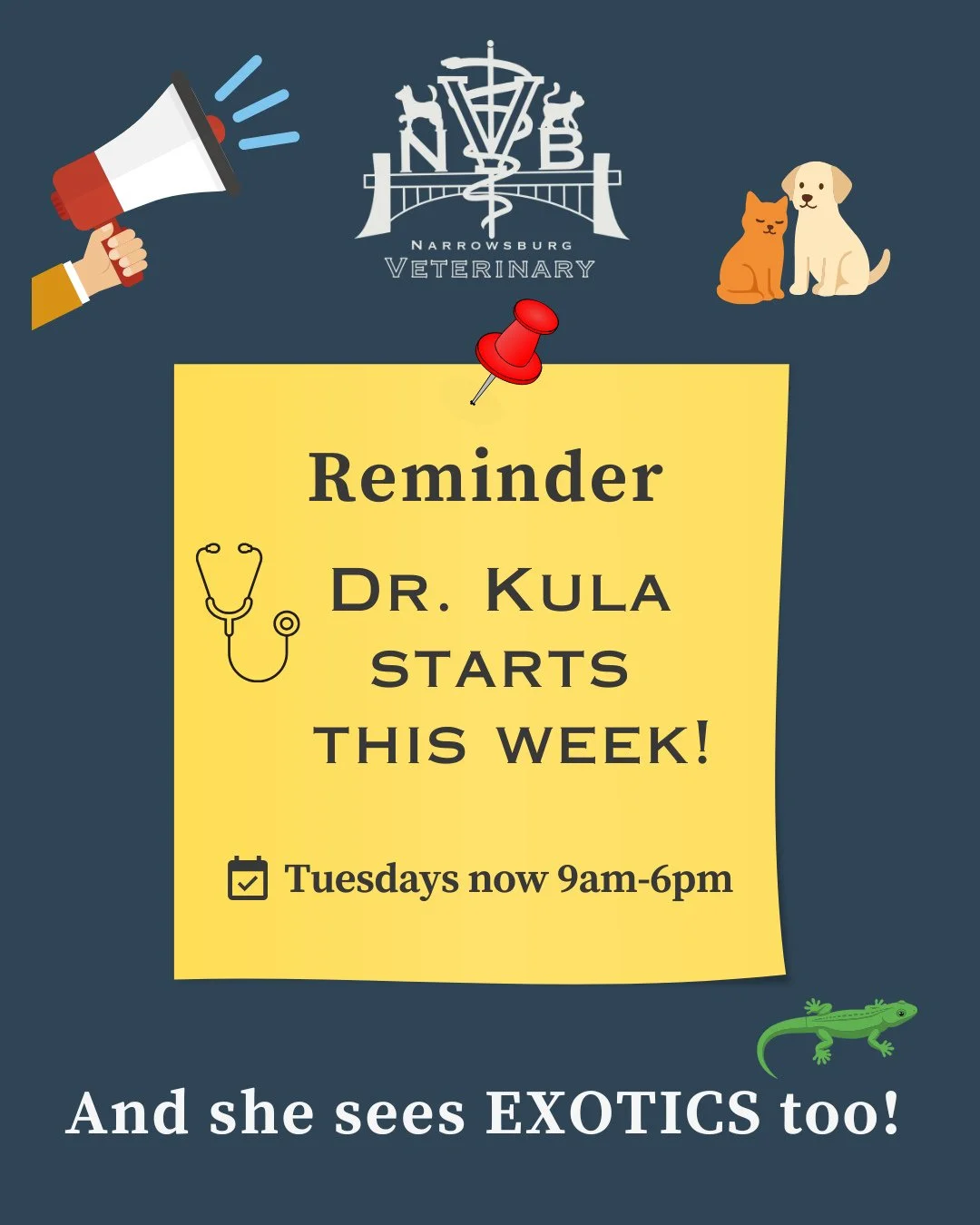 📣 Just a reminder Dr. Joan Kula (Gramazio) starts this week! 🩺⁠
⁠
Dr. Kula has experience in both small animal medicine and exotic species, including reptiles, pocket pets, wildlife, etc. She looks forward to meeting you and caring for your pets. ?