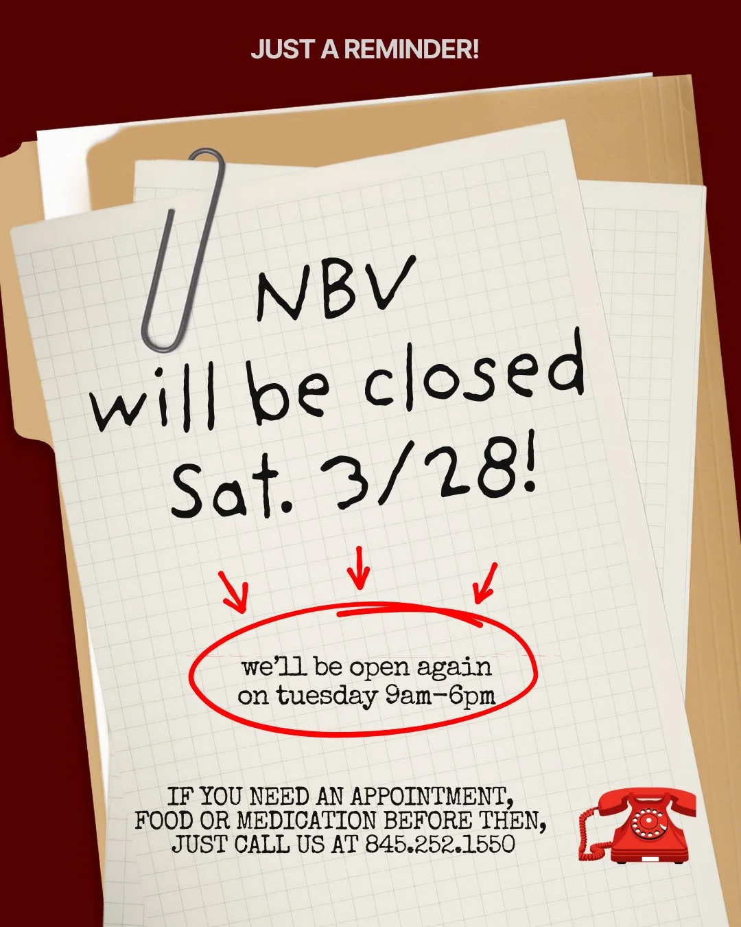 📅 NBV will be CLOSED this Saturday, March 28th.⁠
⁠
☎️ Please call the office at 845.252.1550 if you need an appointment, food or medications beforehand.⁠
⁠
💻️⁠ While we are out of the office, remember to check our website at www.narrowsburgvet.com 