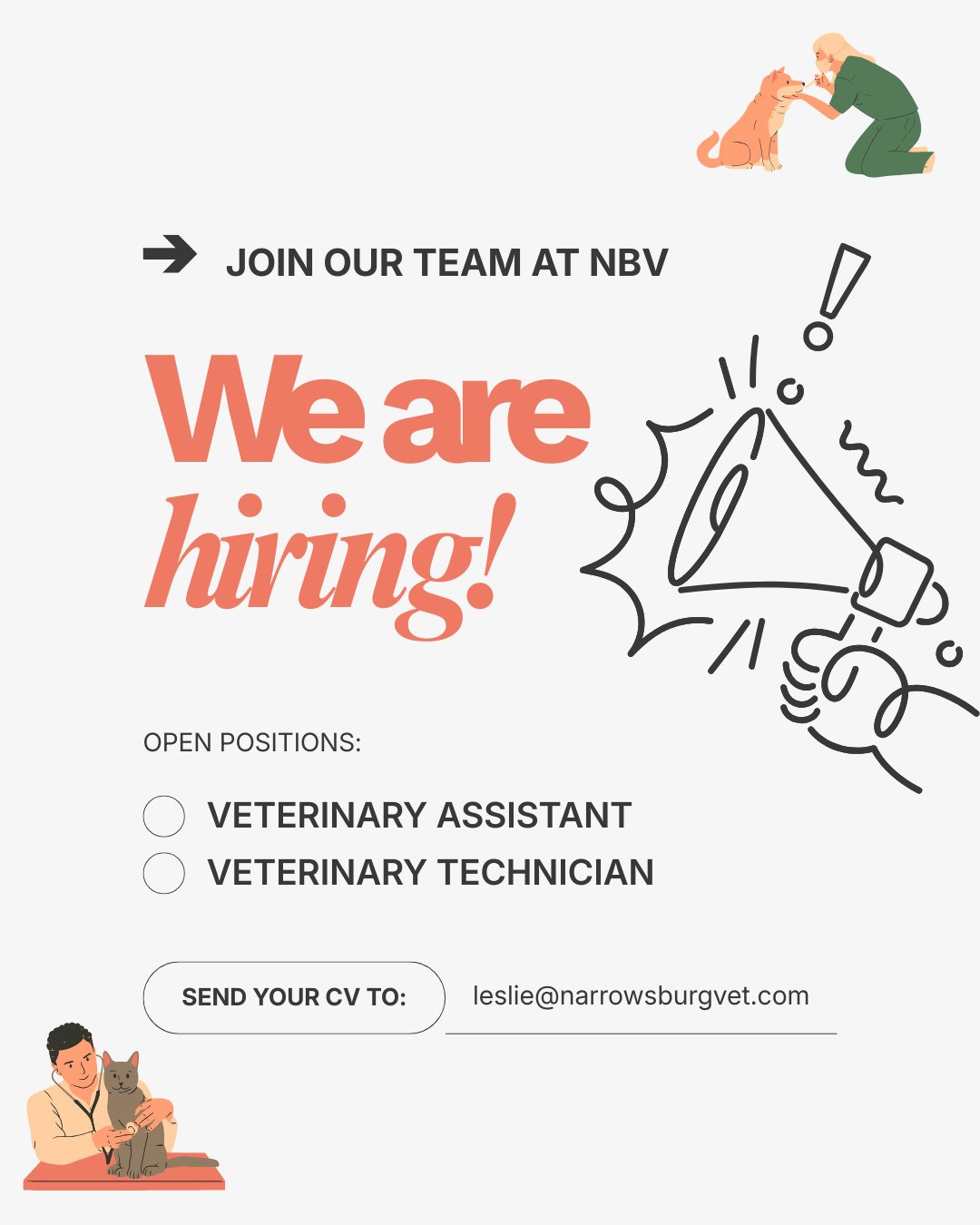 📣 WE'RE HIRING!⁠
⁠
🏥 Open Positions:⁠
⁠
- Veterinary Assistant (FT or PT)⁠
- Veterinary Technician (licensed or not licensed) (FT or PT)⁠
⁠
💻️ Send your CV to: leslie@narrowsburgvet.com⁠
⁠