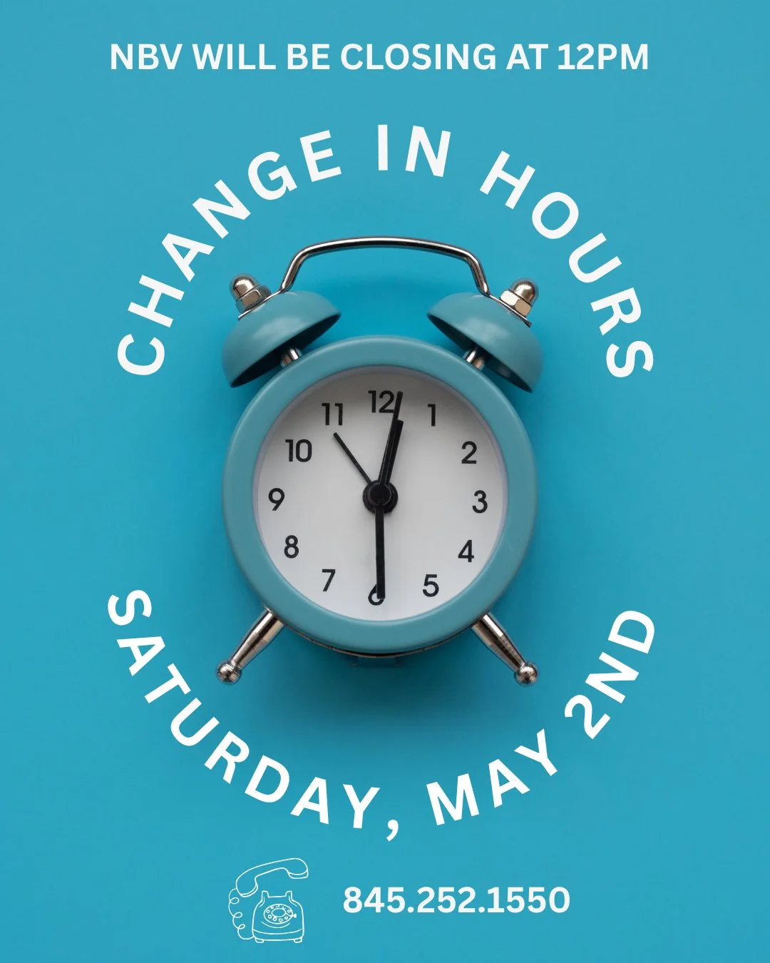 📣 CHANGE IN HOURS FOR SATURDAY, MAY 2ND!⁠
⁠
⏰️ We will close at 12pm on Saturday 5/2.⁠
⁠
📅 If you need an appointment, food or medication, please call us at 845.252.1550.⁠
⁠
